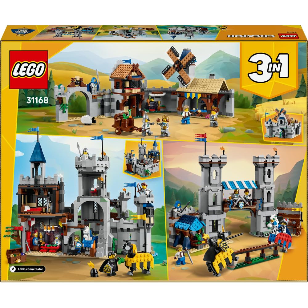 LEGO Creator 3 w 1 Średniowieczny zamek rycerzy konnych 31168 | Zestaw klocków konstrukcyjnych, model zamku do przebudowy na turniej lub miasteczko, prezent dla dzieci 9+, 1371 elementów