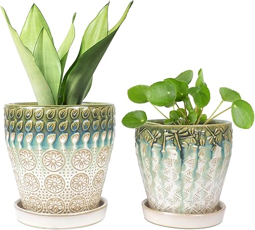 YQSLYSF 6 Inch + 5 Inch Ceramic Planter with Drainage Hole and Saucer for Plants, Indoor-Outdoor Round Succulent Orchid Garden Flower Pot - Set of 2