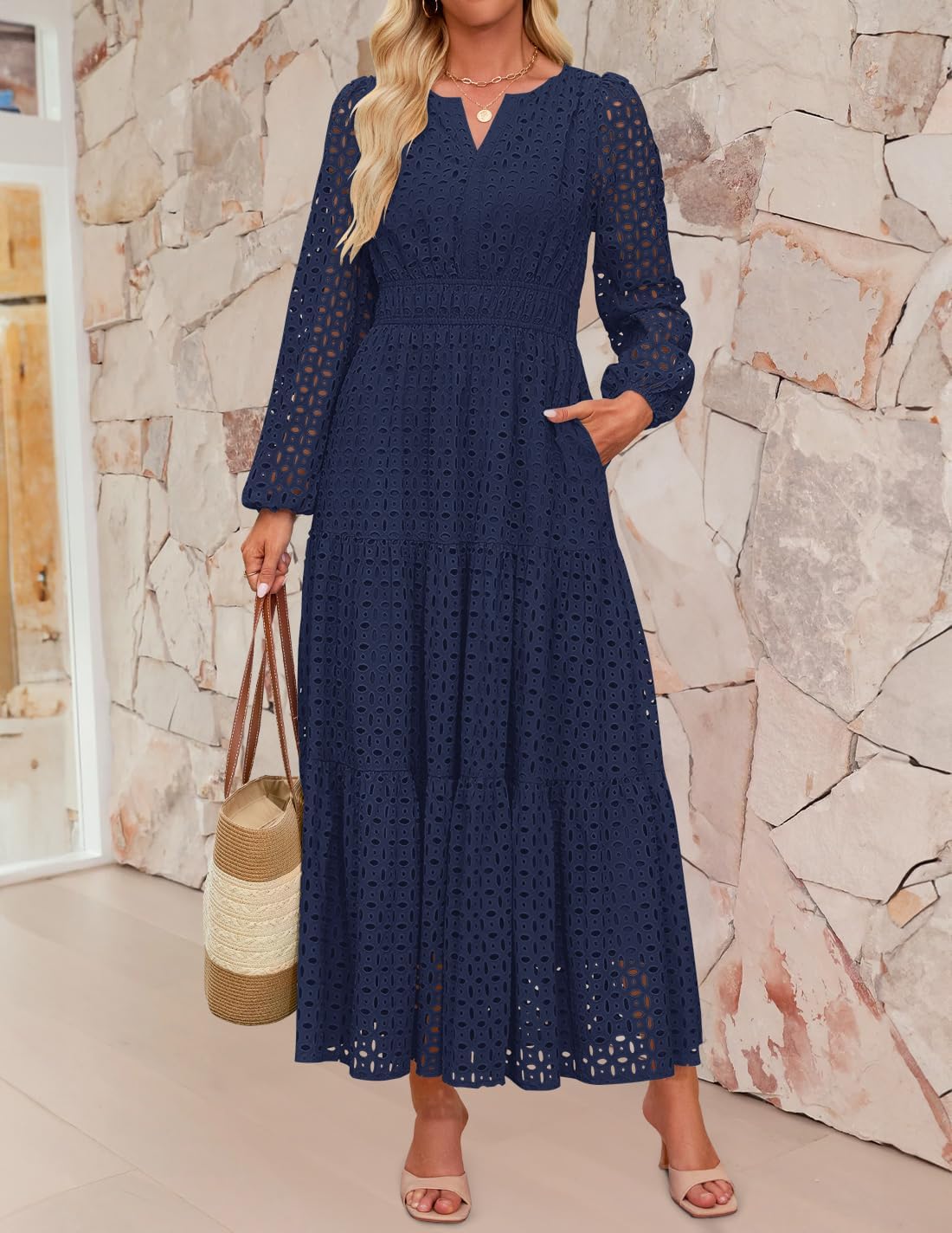 ZESICA Women's 2026 Spring Long Sleeve Maxi Dress V Neck Hollow Out Eyelet A Line Long Flowy Casual Party Dresses - Image 8