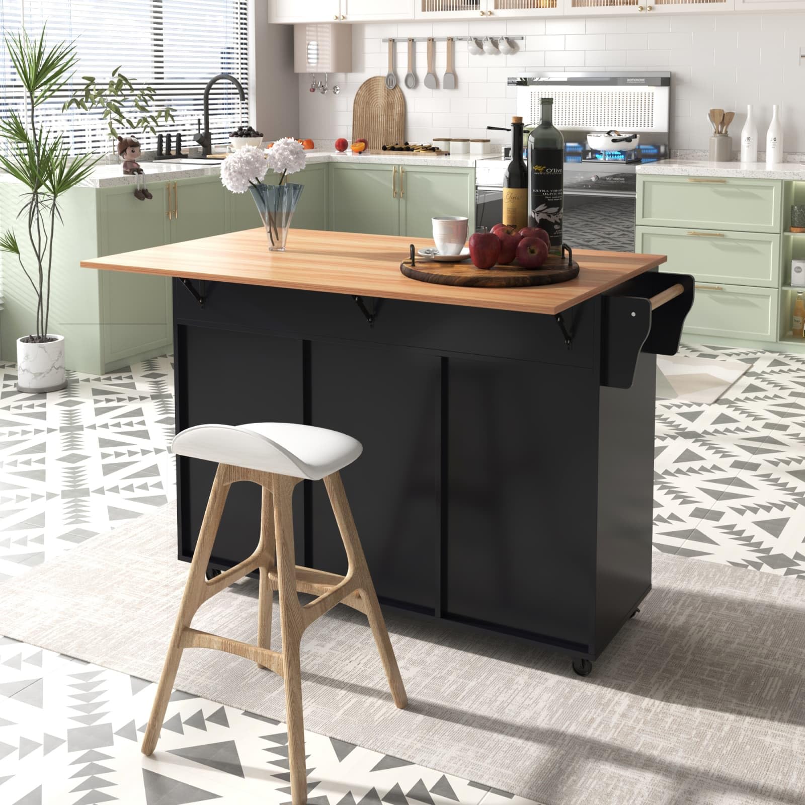PUGSDRLY Desserte de Cuisine à roulettes,Buffet Meuble,îlot de Cuisine avec Plateau de Table Pliable,2 Tiroirs et 3 Portes,Roulette ou Pieds en Bois Massif (Noir-C)