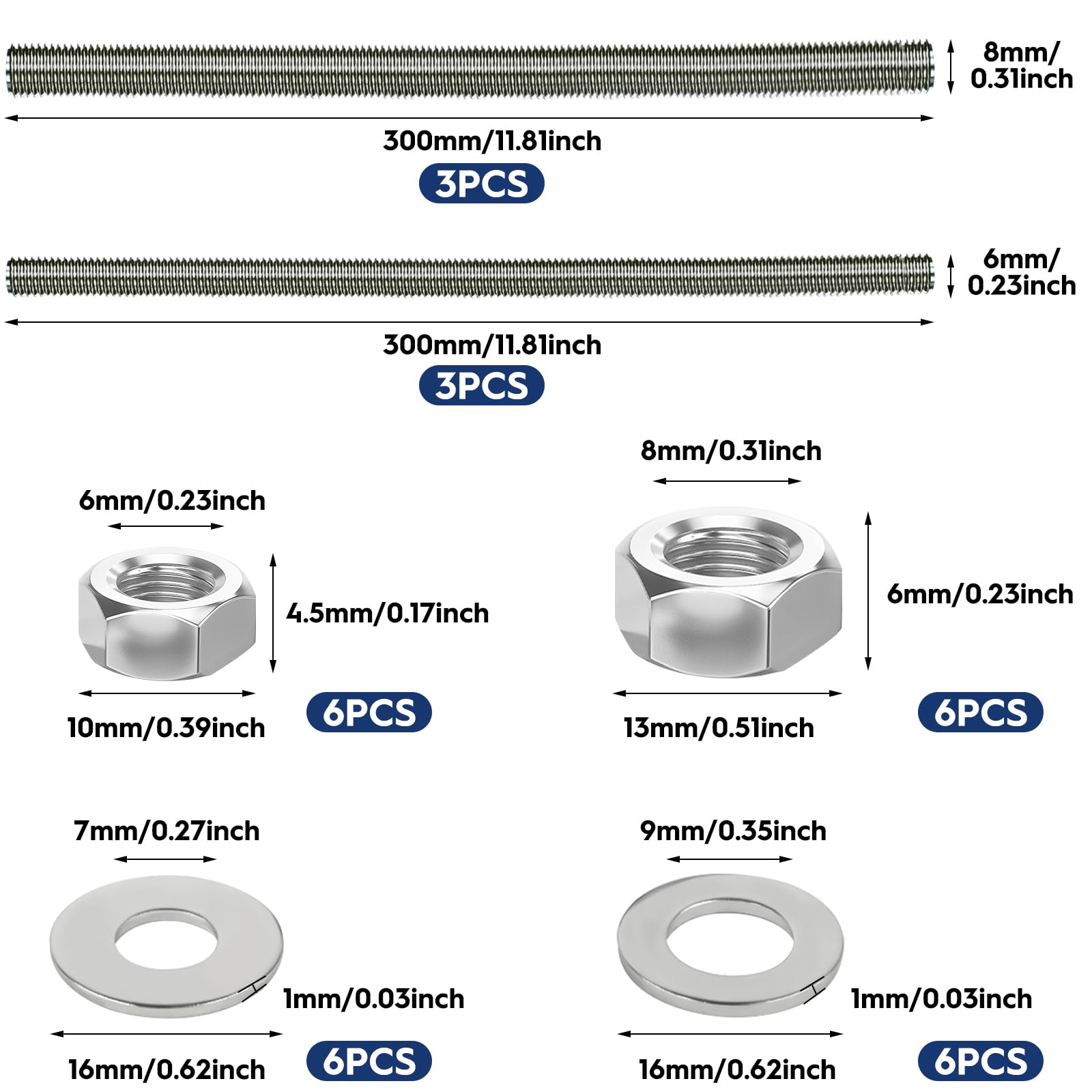 6 Pcs 304 Stainless Steel Threaded Rod, M8/M6 x 300 mm Fully Threaded Studding Rod Bar, Right Hand Threads - Image 2