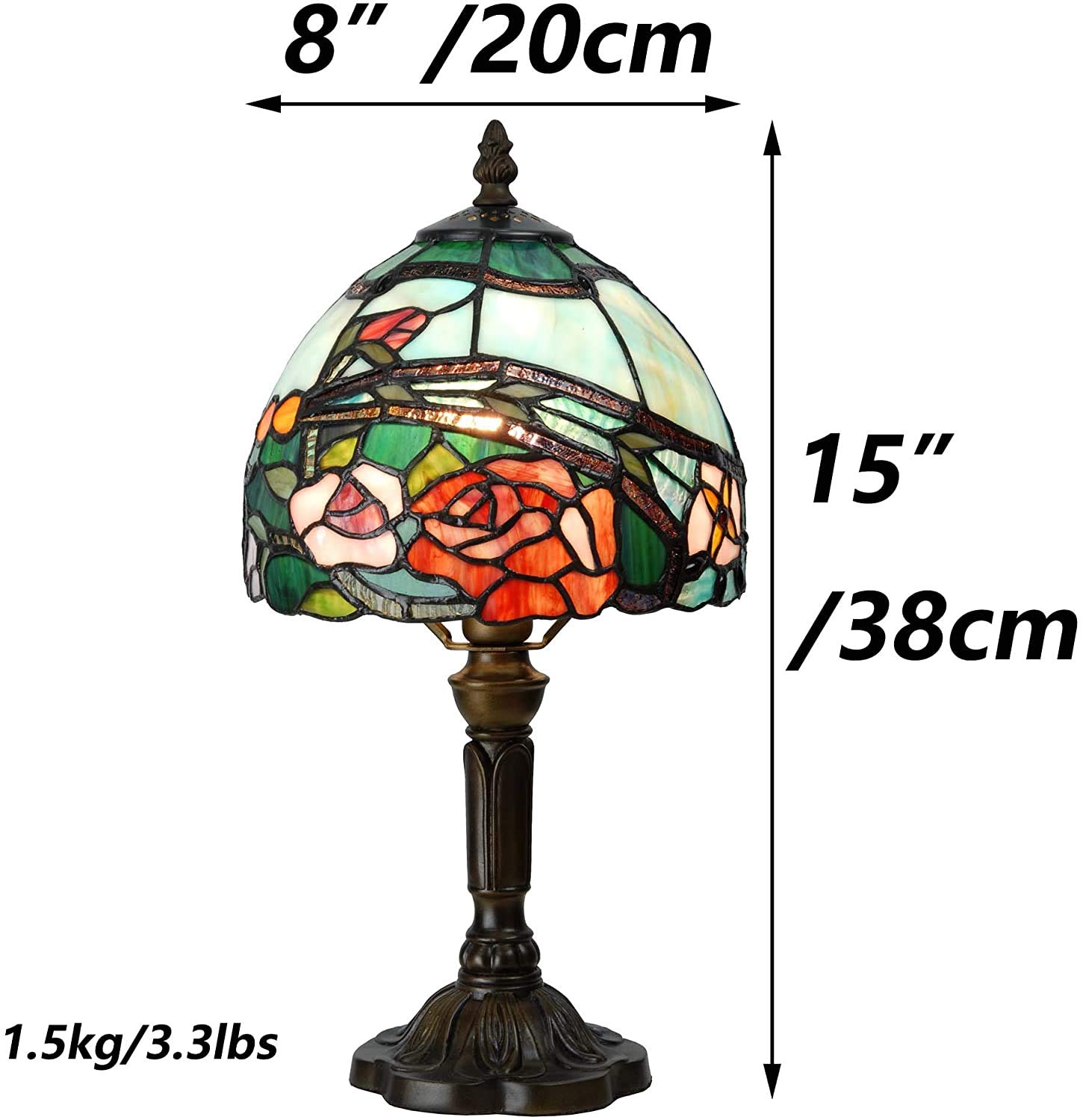 Bieye L30736 Lampada da tavolo in vetro colorato in stile Tiffany con paralume largo 8 pollici, alto 15 pollici, rosso