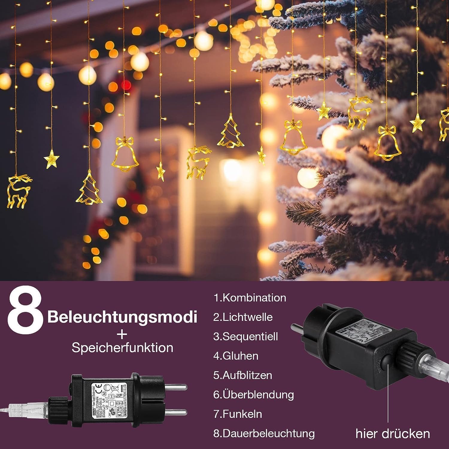 Loyyz Tenda Luminosa Natale con 12 Stelle LED,138LED Luci di Natale da Esterno Interno IP44 Luci di Natale Catena Luminosa Esterno con 8 Modalità per La Casa,Balcone,Finestra Decorazioni Natalizie