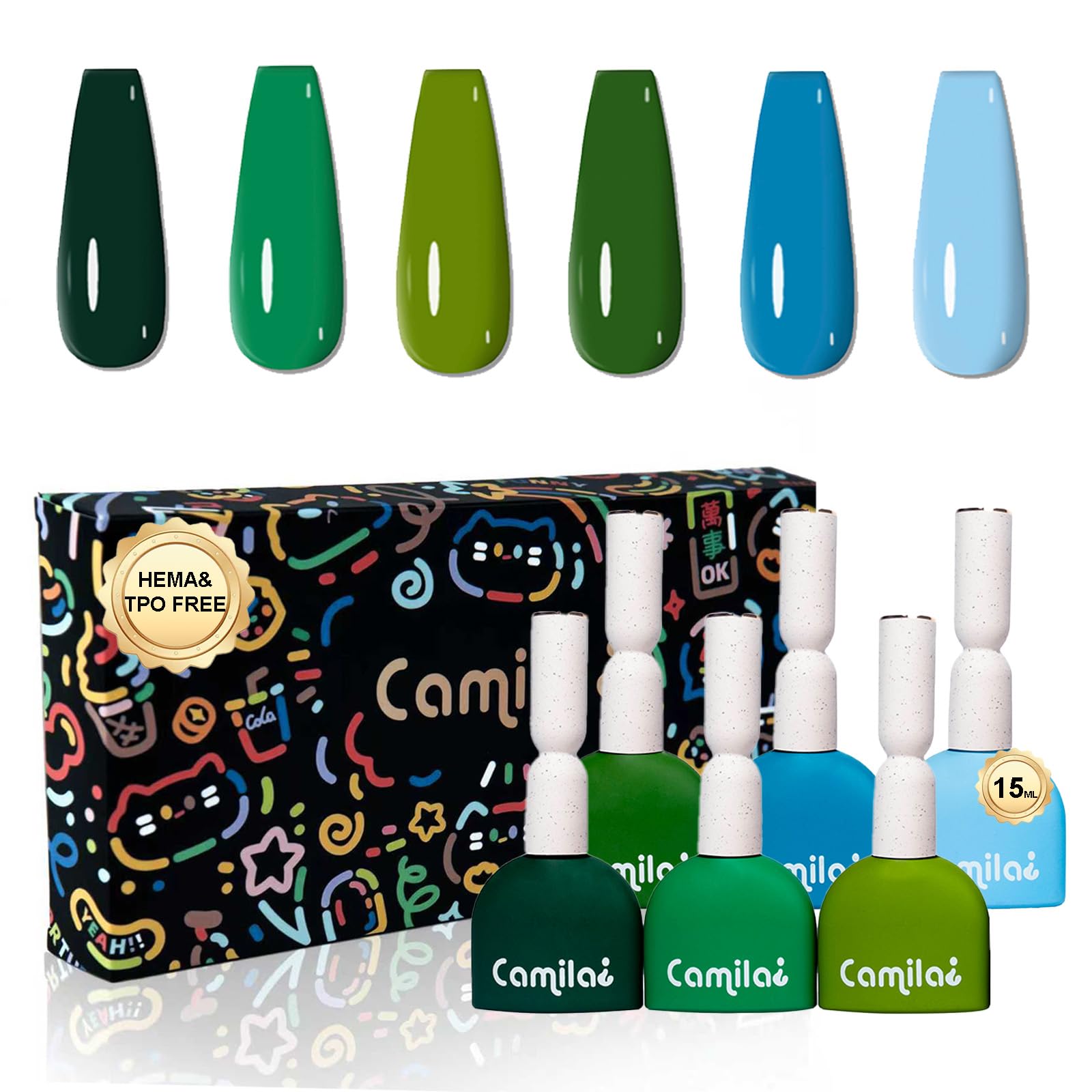 CAMILA 6pcs 15ml Hema Free Tpo Free Gel Polish Set Green Gel Nail Polish Kit Soak Off Nail