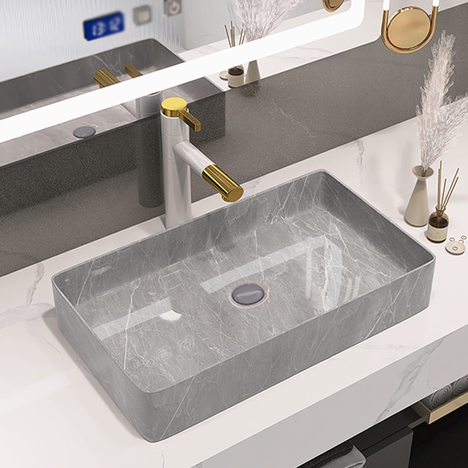 Baño Lavabo Fregadero Rectangular de cerámica con Textura de mármol, 23,6 "x 13,7", Cuenco de tocador de baño Moderno Rectangular Gris sobre el mostrador, Grifo no Incluido Fregadero del baño
