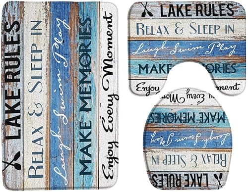 YOZSLGU Tapete de baño rústico con citas inspiradoras en el lago, cabaña, cabaña, tablones retro de madera vintage, campaña, campaña, juegos de