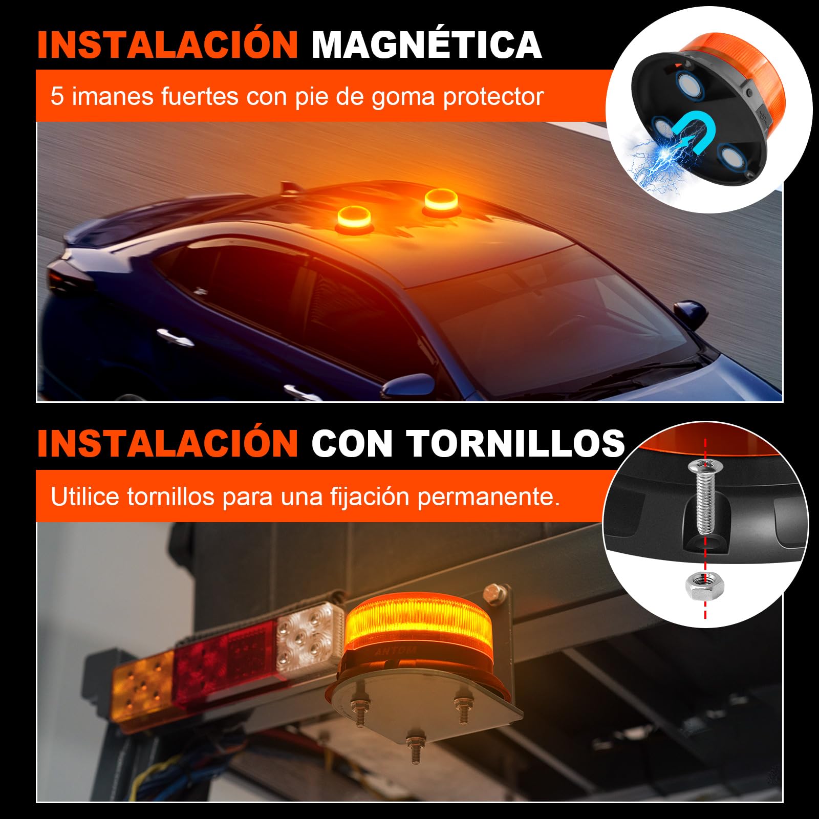 AnTom 2 unidades Luz de Emergencia LED -Sin certificación V16 9 Modos de Parpadeo, Luz de Emergencia Naranja LED con Imán para Camión, Tractor, SUV, Coche de Golf, Vehículos de Emergencia y Obras