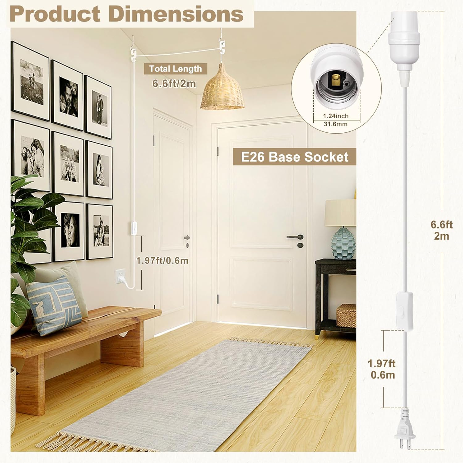 DiCUNO Hanging Lantern Extension Cord Cable, E26 Pendant Light Socket On Off Inline Cord Switch Control Lamp, Switch Close to Polarized Plug, 6.6 Feet (2M), White, 4-Pack