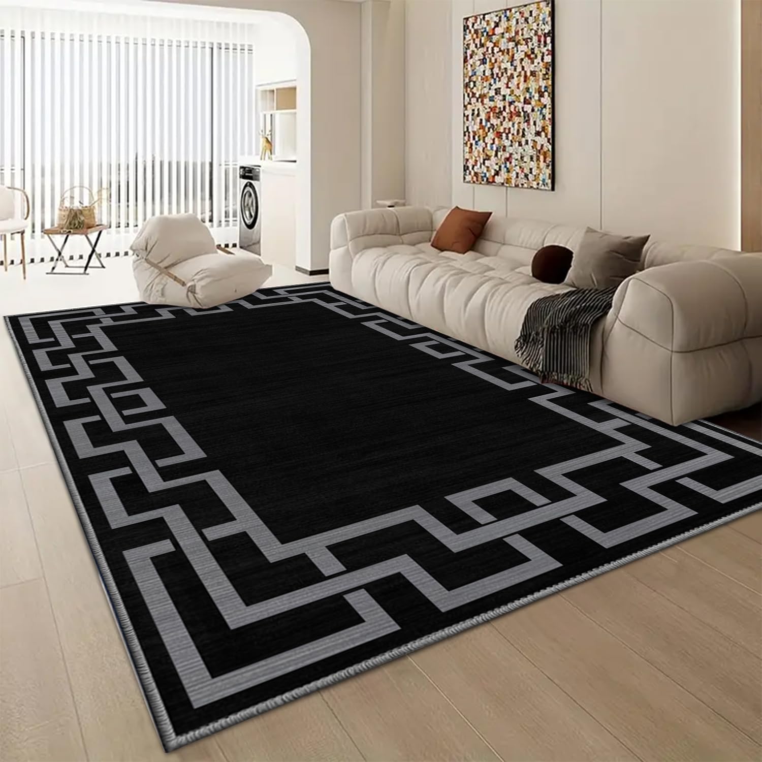 Aspire Homeware Rugs Living room Large 160x230 cm Non-Slip Greek Key Style Printed Crawling & Playing Anti-Slip Backing Short Pile Black Rug for Bedroom Lounge, Nursery Room (Nico Black)