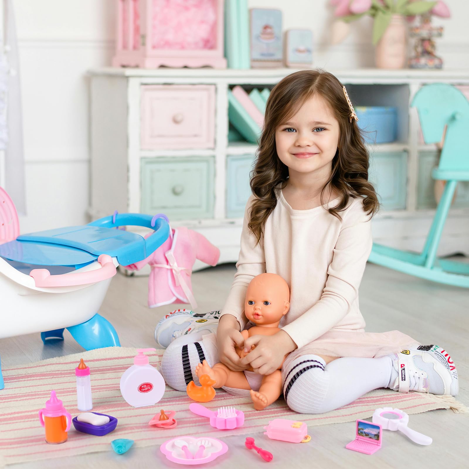 Gerbala Accessori per Bambole, 22 Pcs Set di Alimentazione e Cura per Bambole con Biberon e Pannolini per Ragazze, Biberon Magico per Bambini e Ciucci, Set di Piatti e Posate Idee Regalo