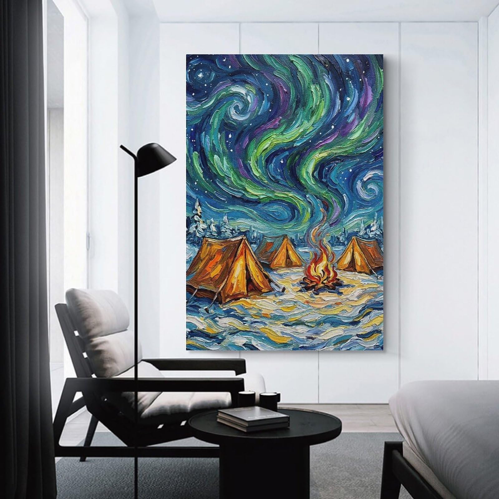 Junmoney Aurora Borealis Camping Oil Painting Room Decor Wall Art 12x18inch(30x45cm), for Art Walls, Layered Displays Or Homes, Wall Decor Suited to Curated Displays