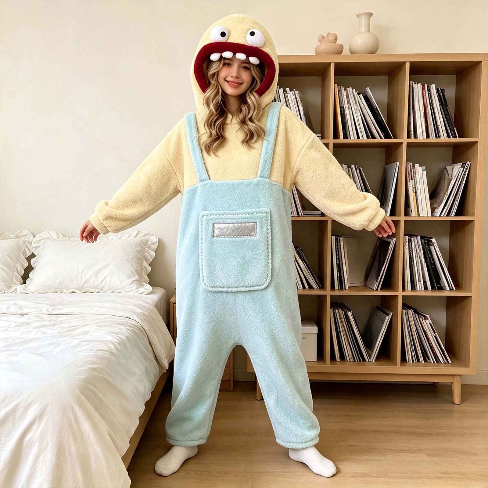 Genérico Pijama de Monstruo Bocazas para Mujer Hombre, Mono con Capucha de Franela para Adulto, Pijama de Cuerpo Entero Acogedor con Bolsillos, Disfraz Dormir Unisex para Hogar y Halloween