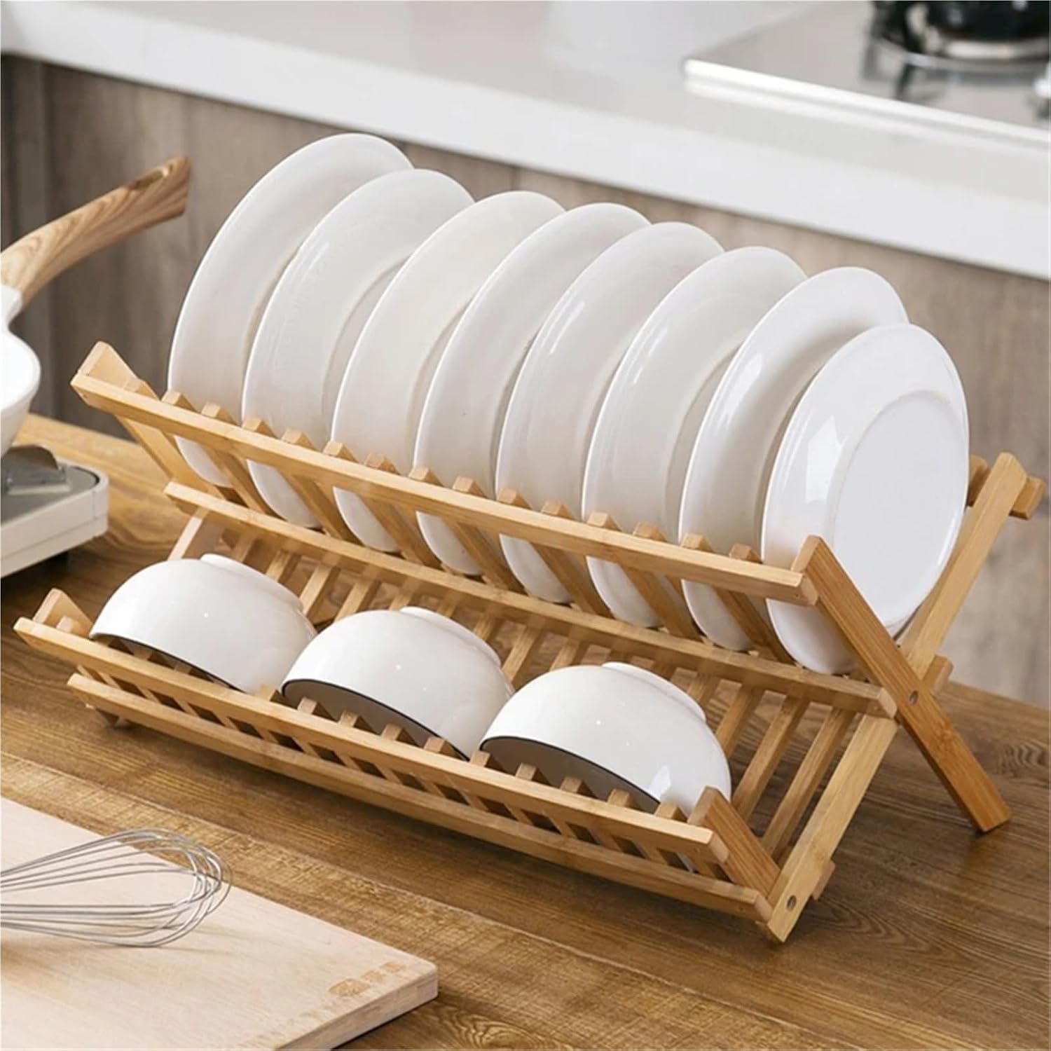 Storage Tray Bamboo Double-Layer Bowl Tray Rack Convenient Drain Rack Multifunctional Dish Drying Rack Kitchen Supplies(16 grids)