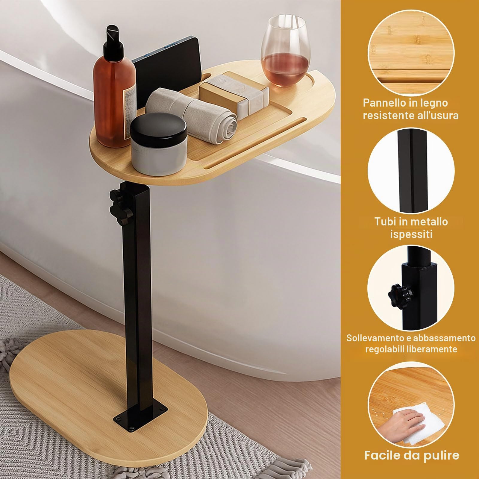 Tavolino a forma di C girevole a 360°, regolabile in altezza, tavolino piccolo in legno di bambù e metallo, per stanze strette, tavolino in legno per soggiorno, camera da letto