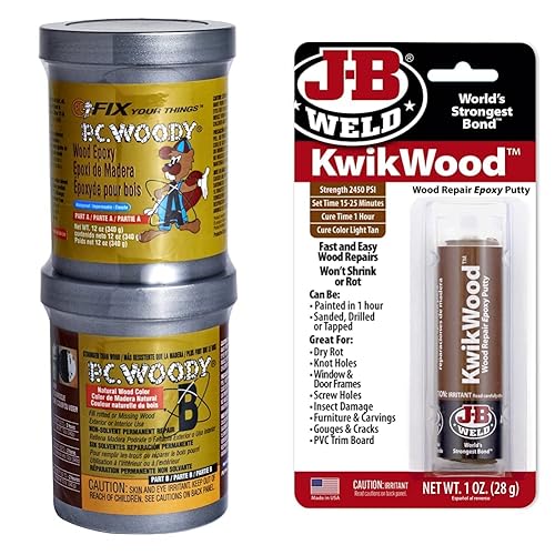 PC Products PC-Woody Wood Repair Pasta epoxi de dos partes, 12 onzas en dos latas, masilla epoxi de reparación de madera KwikWood marrón y tostada,