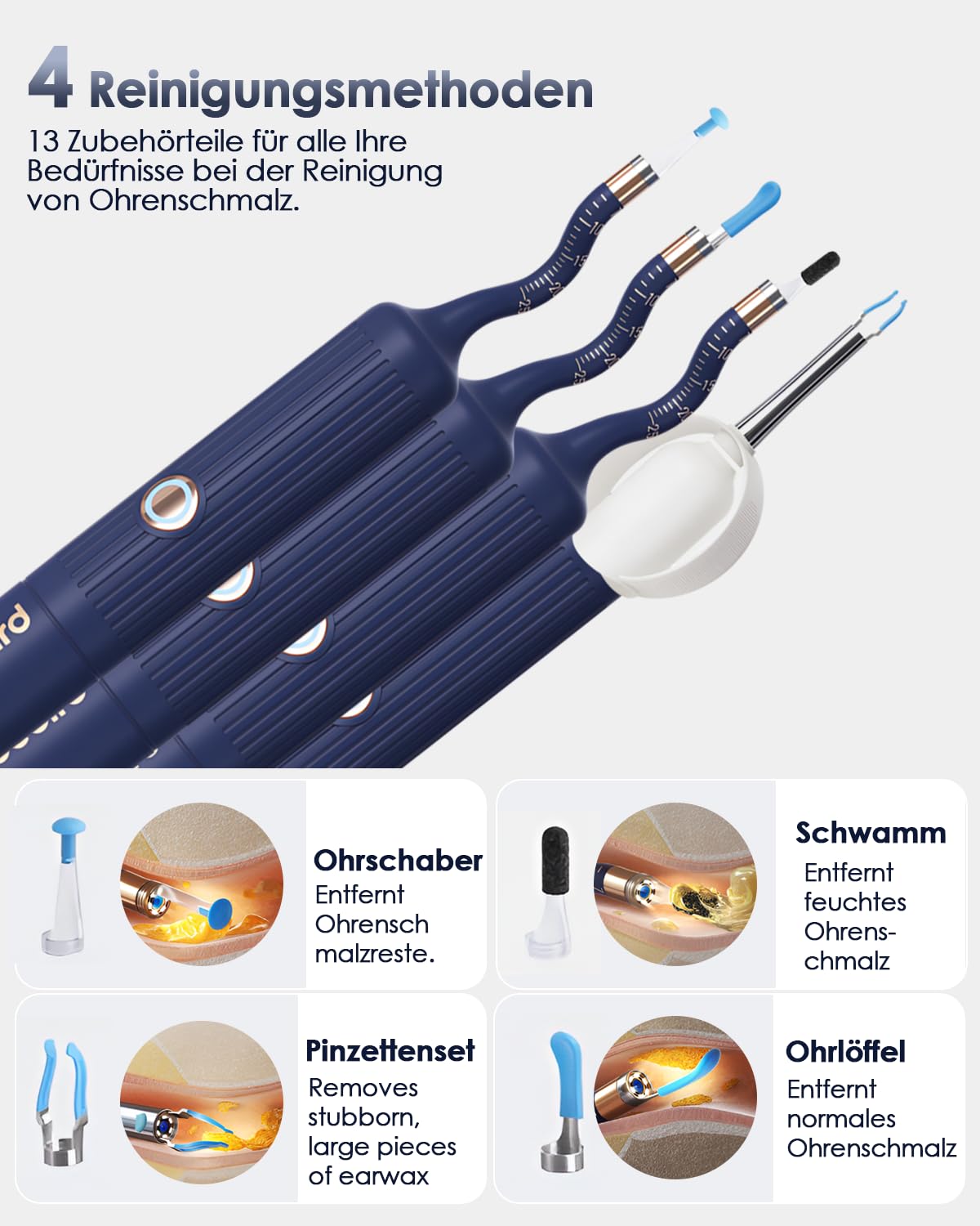 Ohrenreiniger mit Kamera - Professioneller 360° WIFI Ohrreiniger für Erwachsene | Schmerzloses Otoskop mit Pinzette | IP67 wasserdichter Design & hygienische Selbstreinigung zu Hause