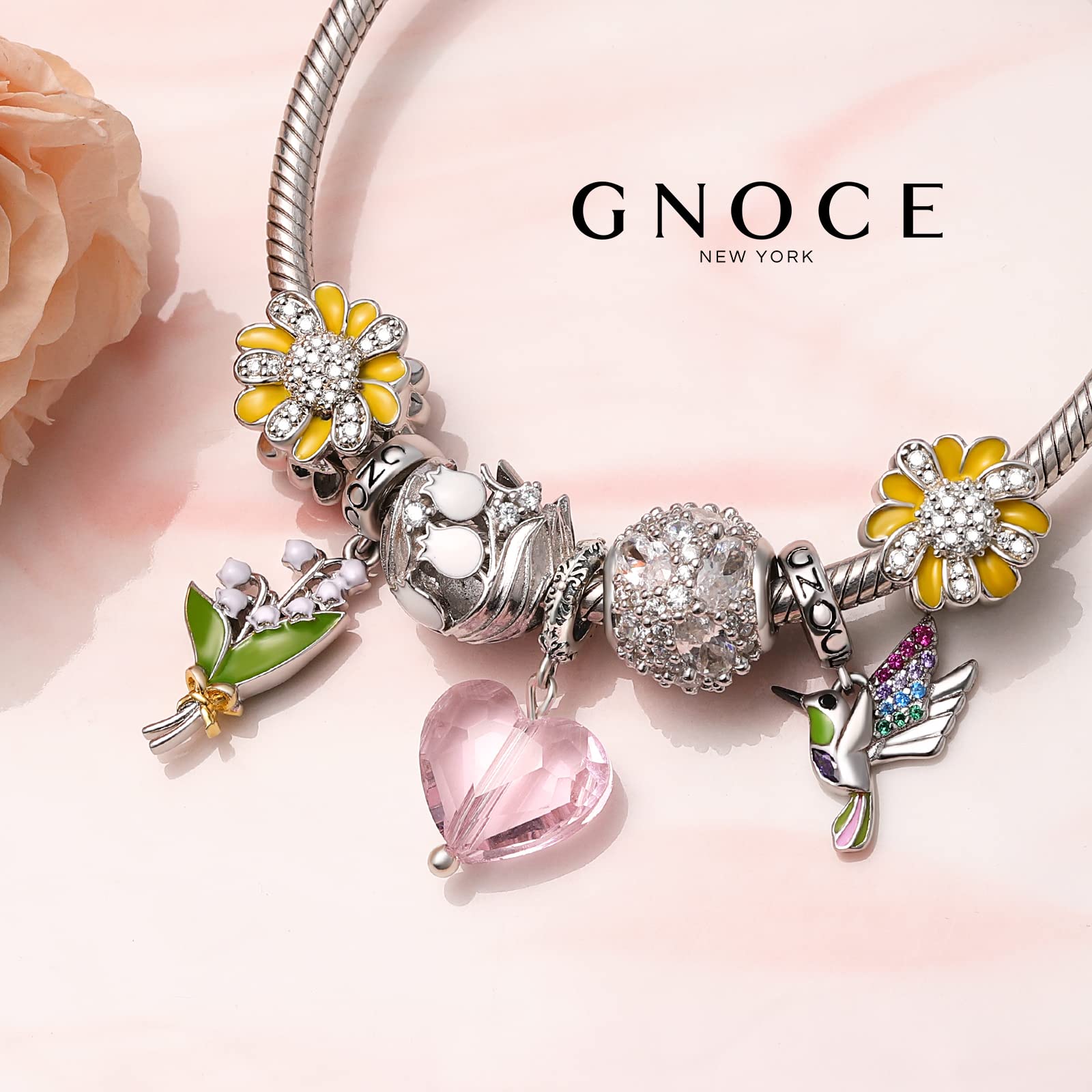 GNOCE Ciondolo Fiore/Pianta Charms Argento Sterling 925 Ciondola Colibrì Charm Bead Fit Bracciale/Collana per Donne Ragazze Figlia