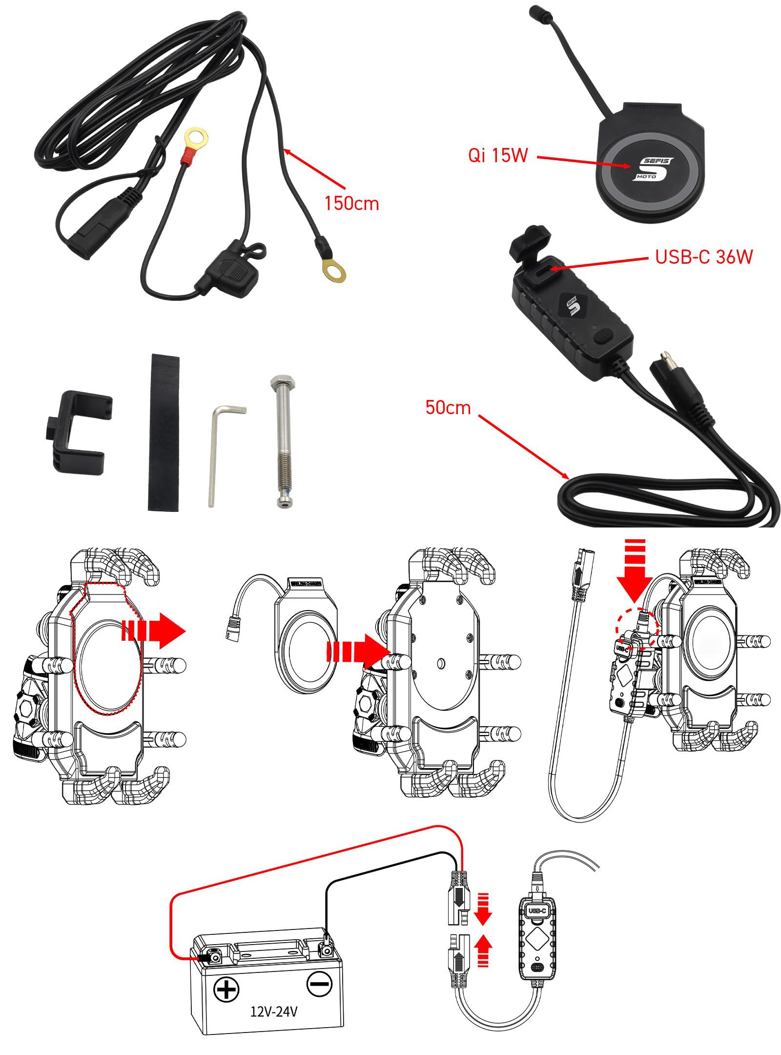 SEFIS - Supporto per cellulare da moto con adattatore anti-shock, robusto supporto per telefono girevole a 360°, universale, 22-25 mm, antivibrazioni e antifurto (SEFIS Set di rilegatura + fascetta)