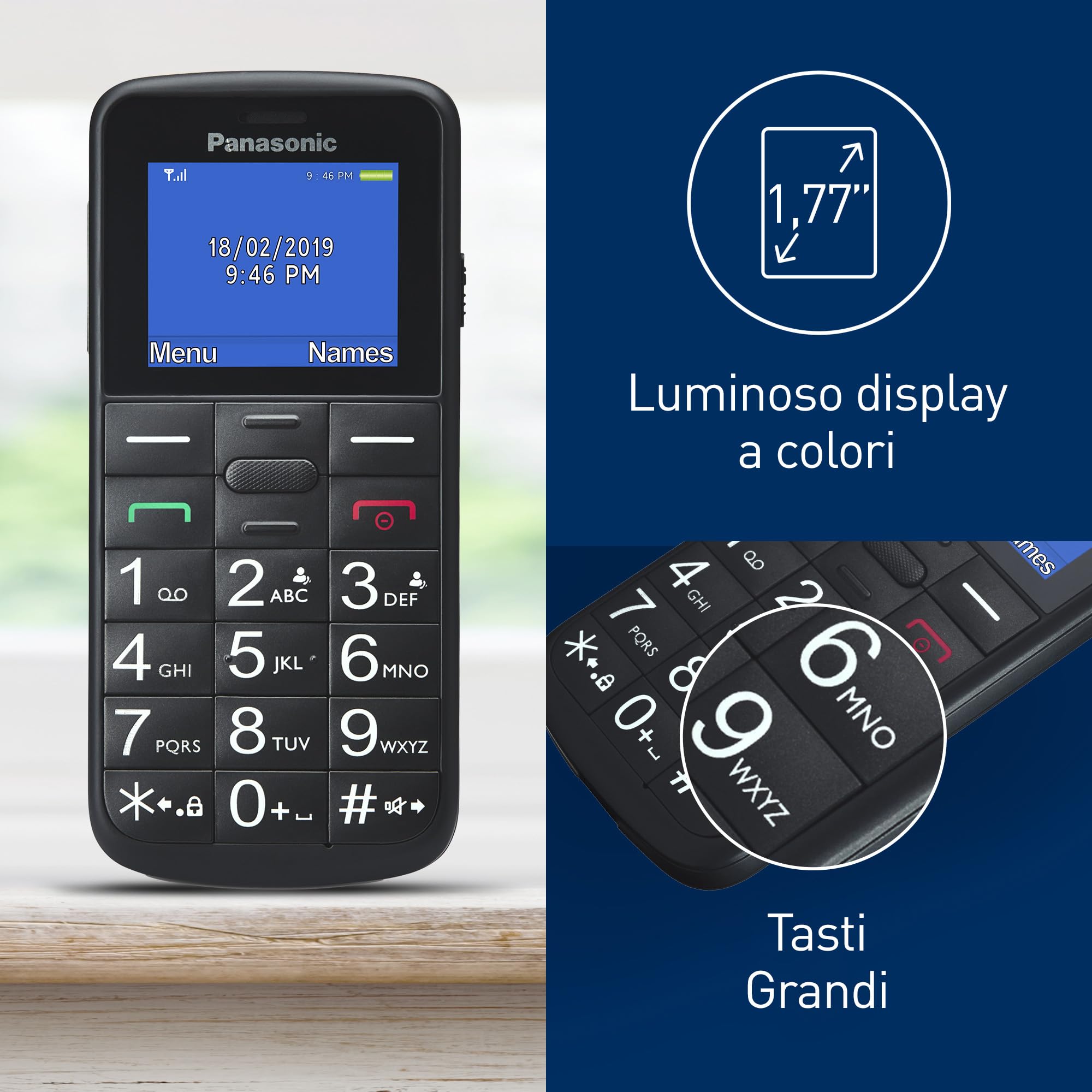 Panasonic KX-TU110 sbloccato, 0GB, Cellulare Facilitato, Ampio Display a Colori, Dual SIM, Chiamate Prioritarie a Mani Libere, Resistente agli Urti, Batteria a Lunga Durata, Nero