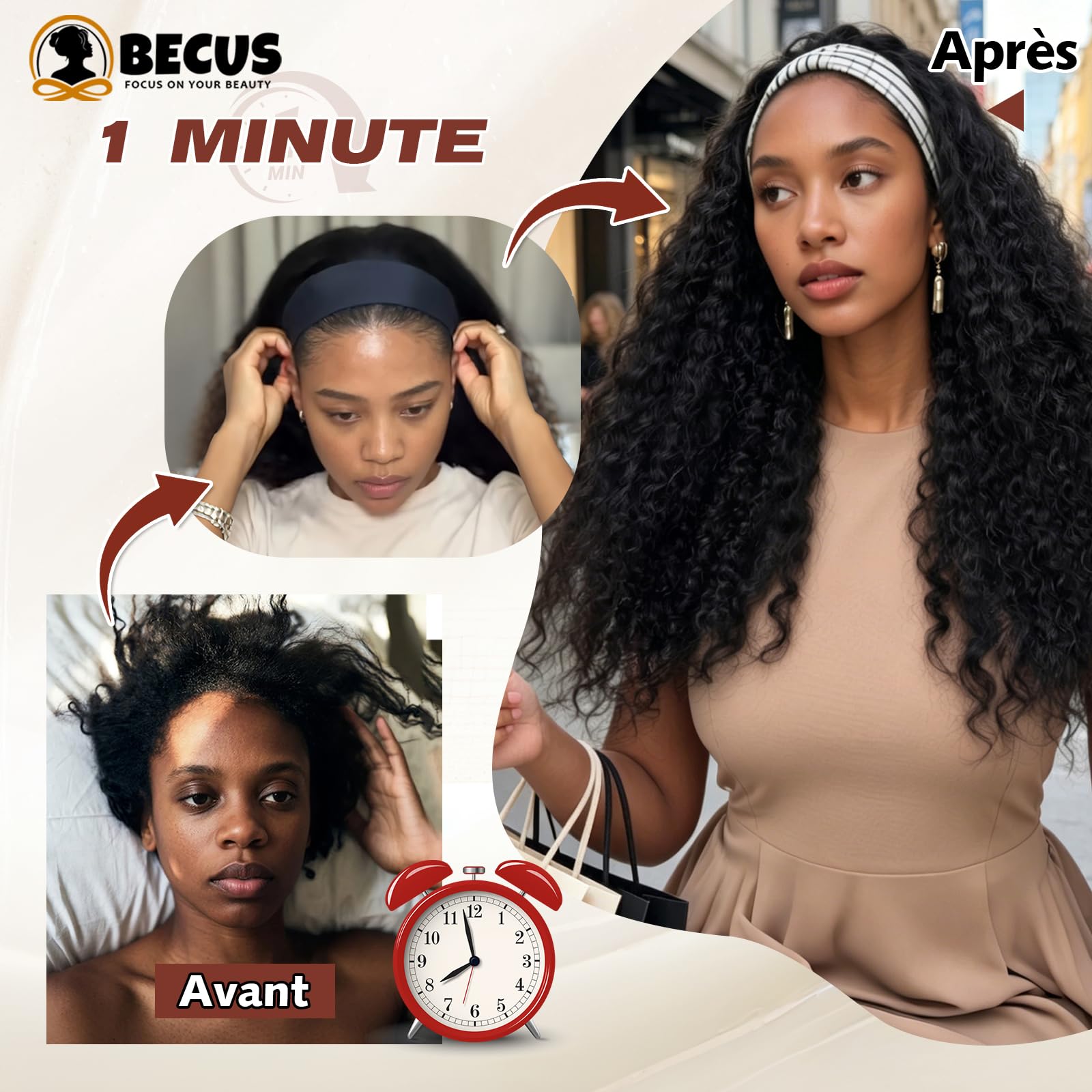 BECUS Perruque Bandeau Femme Bouclée Noire Naturelle 18 Pouces, Headband Wig Demi-Tête Sans Colle avec Bandeau, Aspect Naturel, Prête à Porter pour Usage Quotidien, Fêtes, Soirées et Débutantes