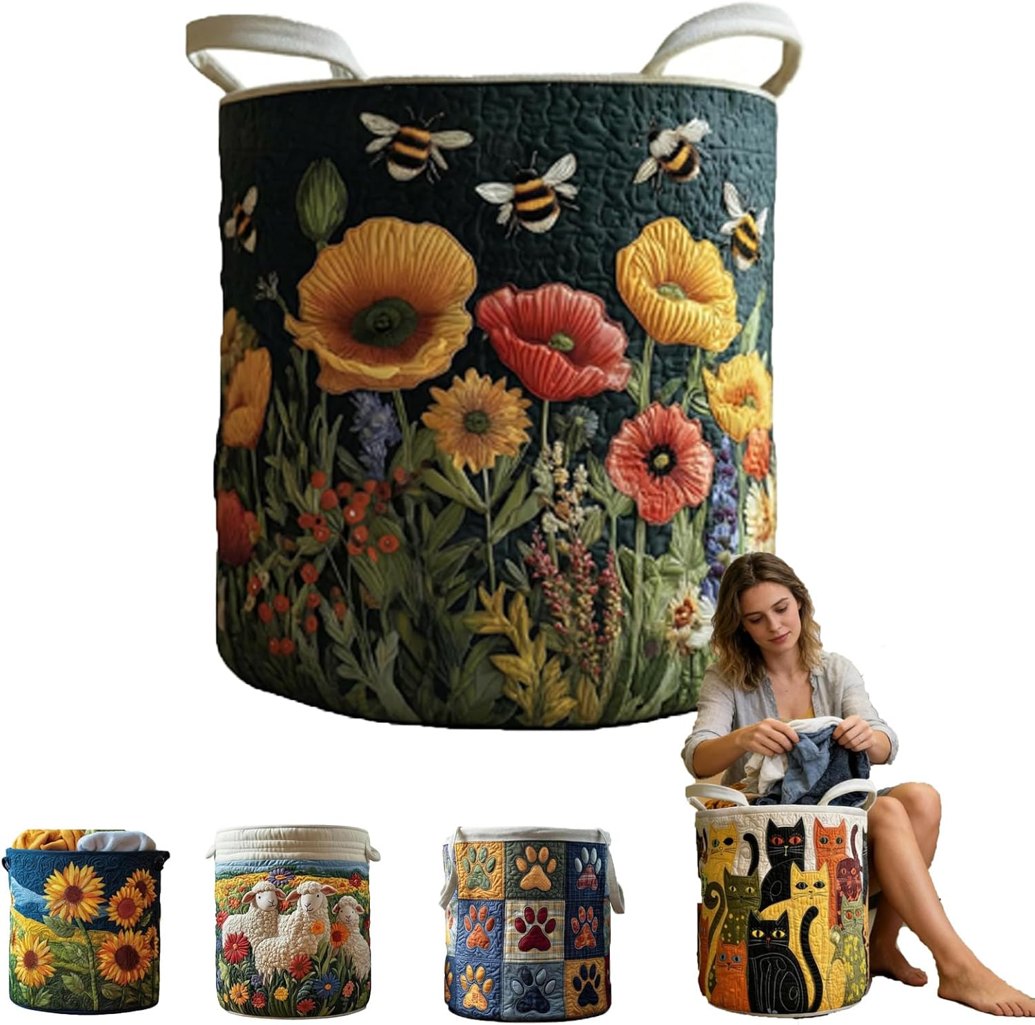 Aiorrax Quilted Laundry Basket, Quilted Laundry Basket With Handles, Large Foldable Fabric Storage Hamper, For Nursery, Bedroom, Laundry Room & Toy Storage (D, Large)