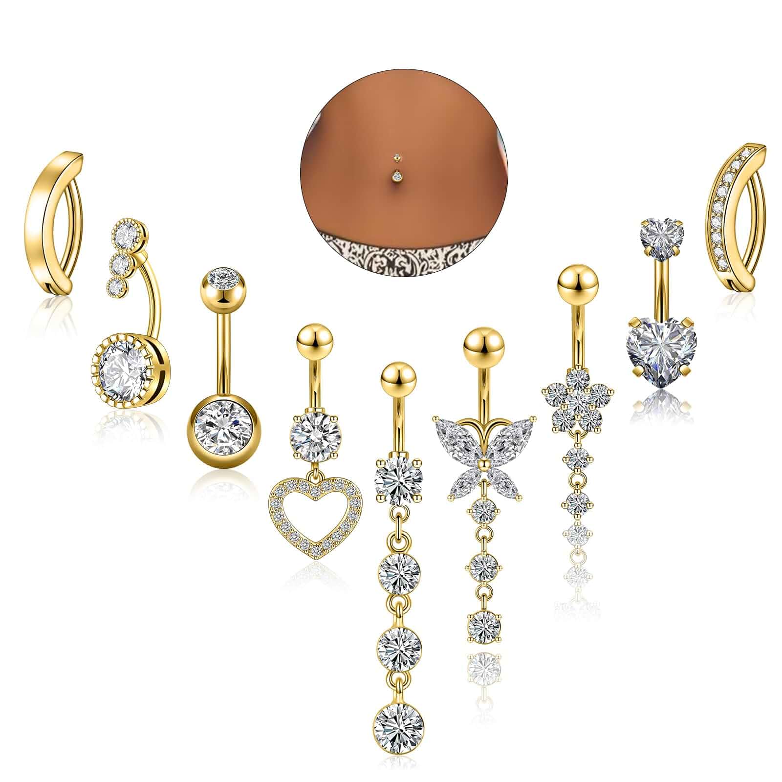 9PCS Belly Button Ring Dangle Stainless Steel Belly Rings 14G 1.6MM Belly Piercing Cute Navel Ring Piercing Jewelry Belly Ring for Women