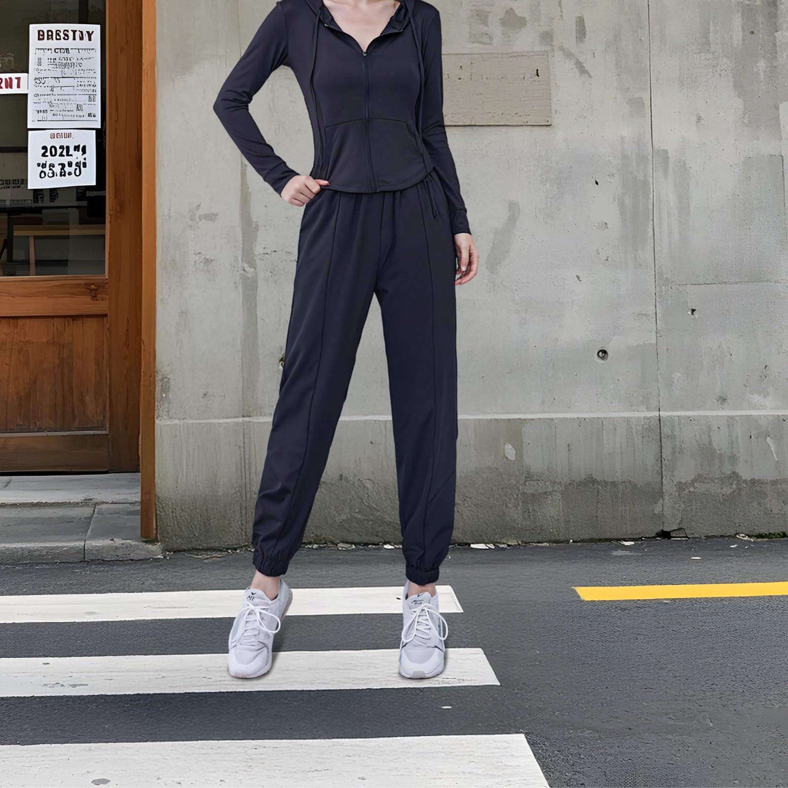 Damski zestaw odzieży fitness XXL - bluza z kapturem, koszulka i spodnie ze stretchu, nylon spandex, pasuje do wzrostu 176-298 cm, waga ciała 176-298, Czarny, XXL