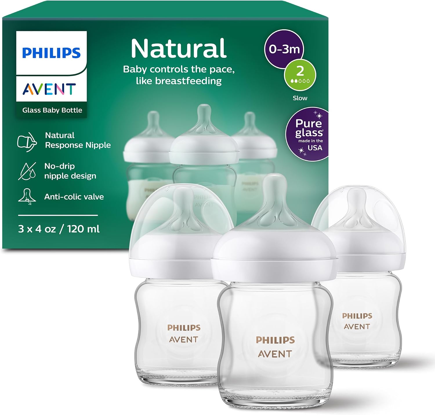 Philips Avent Natural Glass Baby Bottles with Natural Response Nipples (Slow Flow, Flow 2), 4oz, 3-pack, SCY910/03