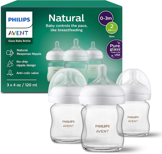 Biberons en verre Philips Avent Natural avec tétines à réponse naturelle (débit lent, débit 2), 4 oz, paquet de 3, SCY910/03