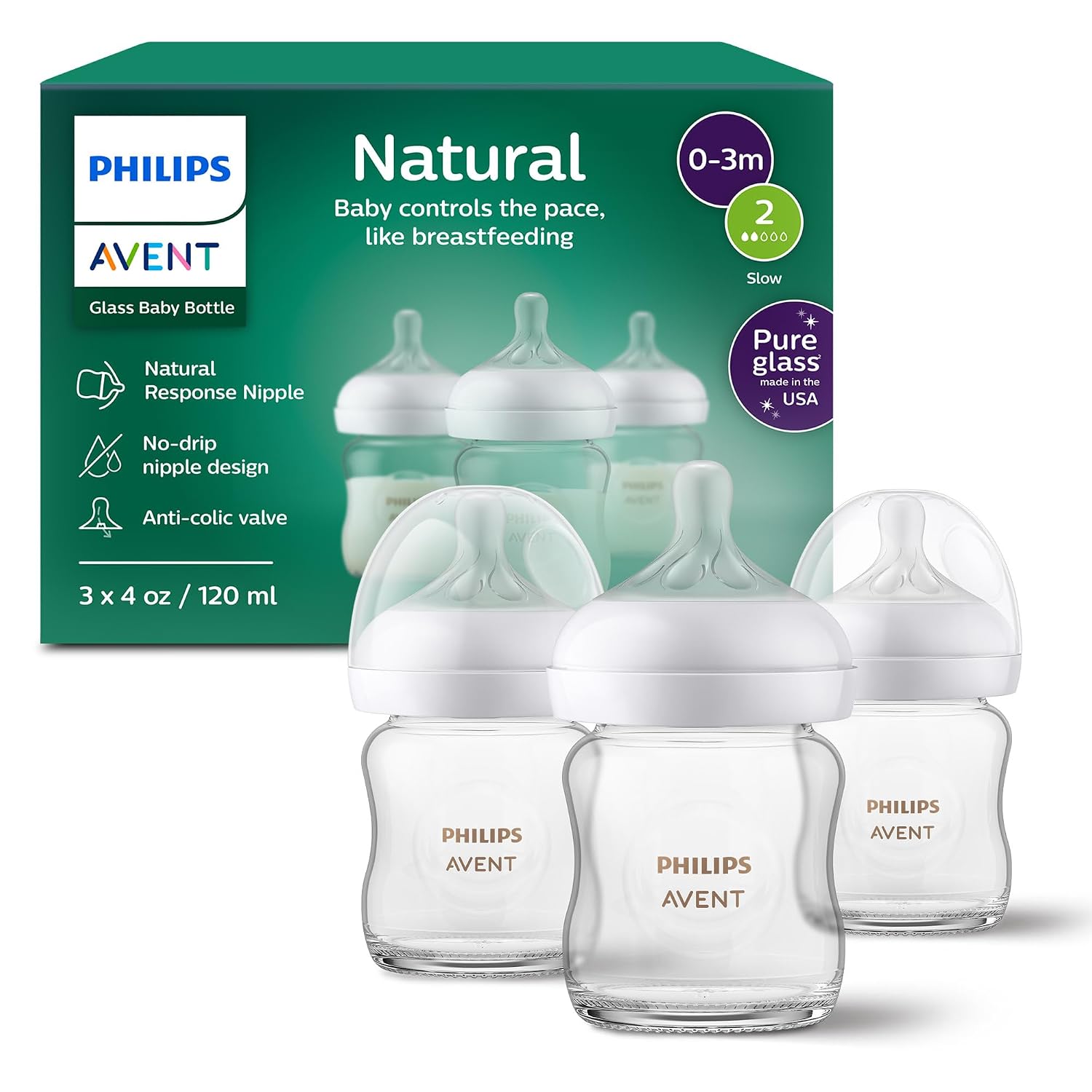 Avent - 3Pk Glass Natural Baby Bottle With Natural Response Nipple, 4Oz