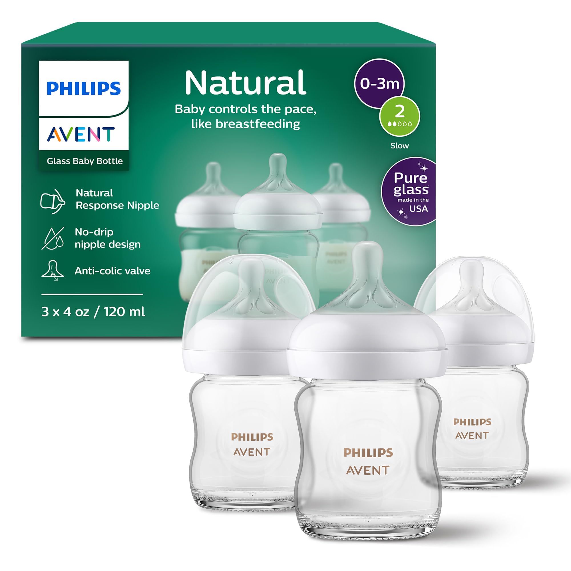 Philips Avent Natural Glass Baby Bottles with Natural Response Nipples (Slow Flow, Flow 2), 4oz, 3-pack, SCY910/03 4oz 1-count (Pack of 3)