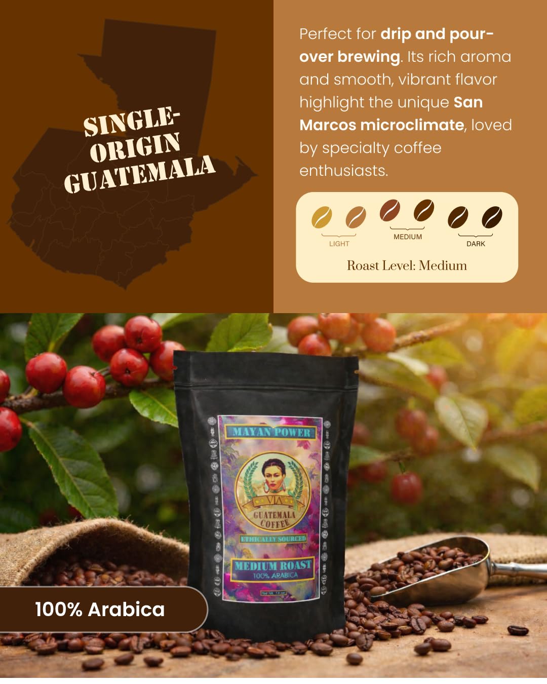 Via Guatemala Coffee – Guatemala Medium Roast Ground Coffee, Single-Origin Arabica, Mayan Power, 16 oz