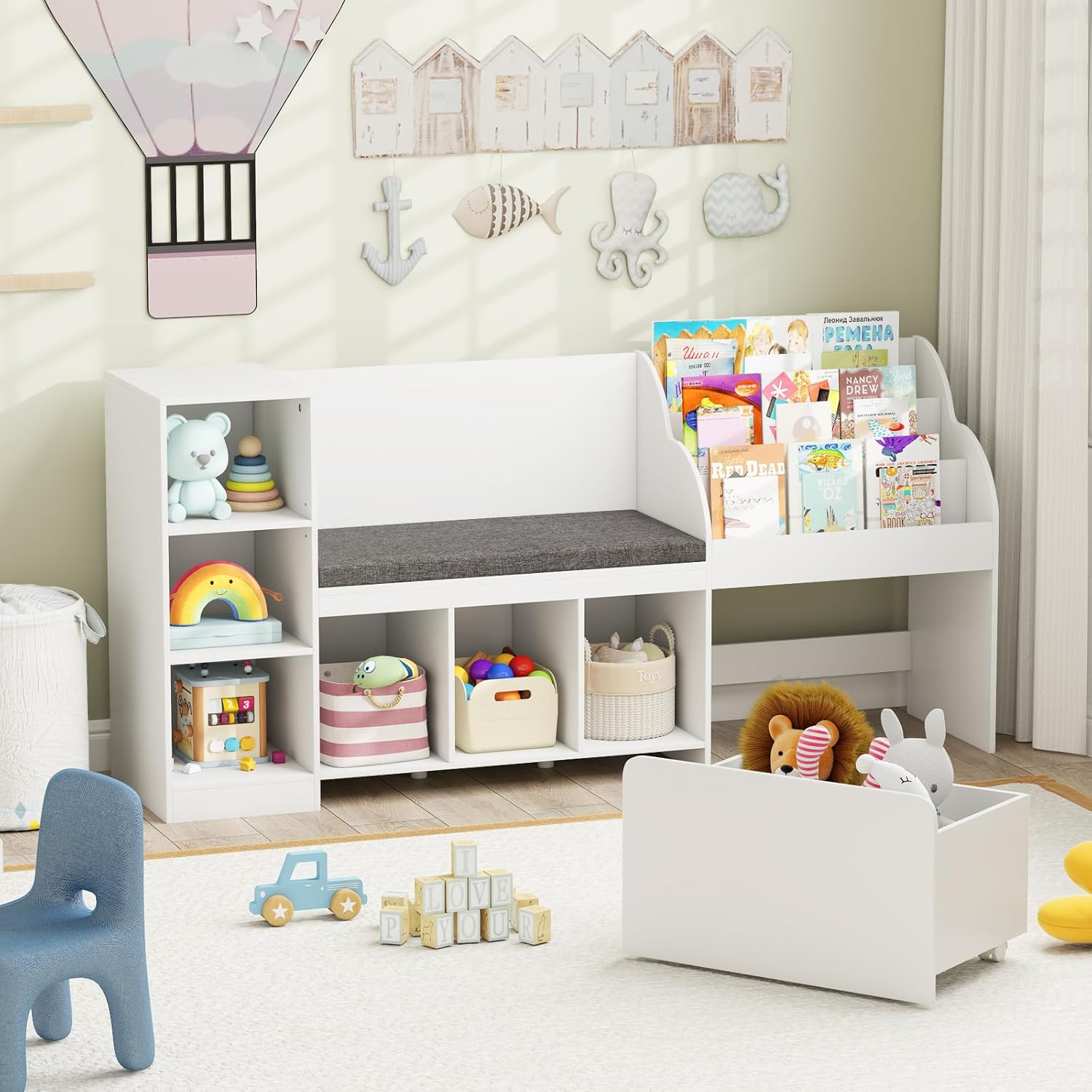 Costzon 67” Kids Bookshelf with Reading Nook, 4-in-1 Toy Storage Organizer w/Seat Cushion, Movable Drawer, 6 Cubbies & Adjustable Shelf, Reading Nook with Bench for Kids Room, Playroom, Nursery,White