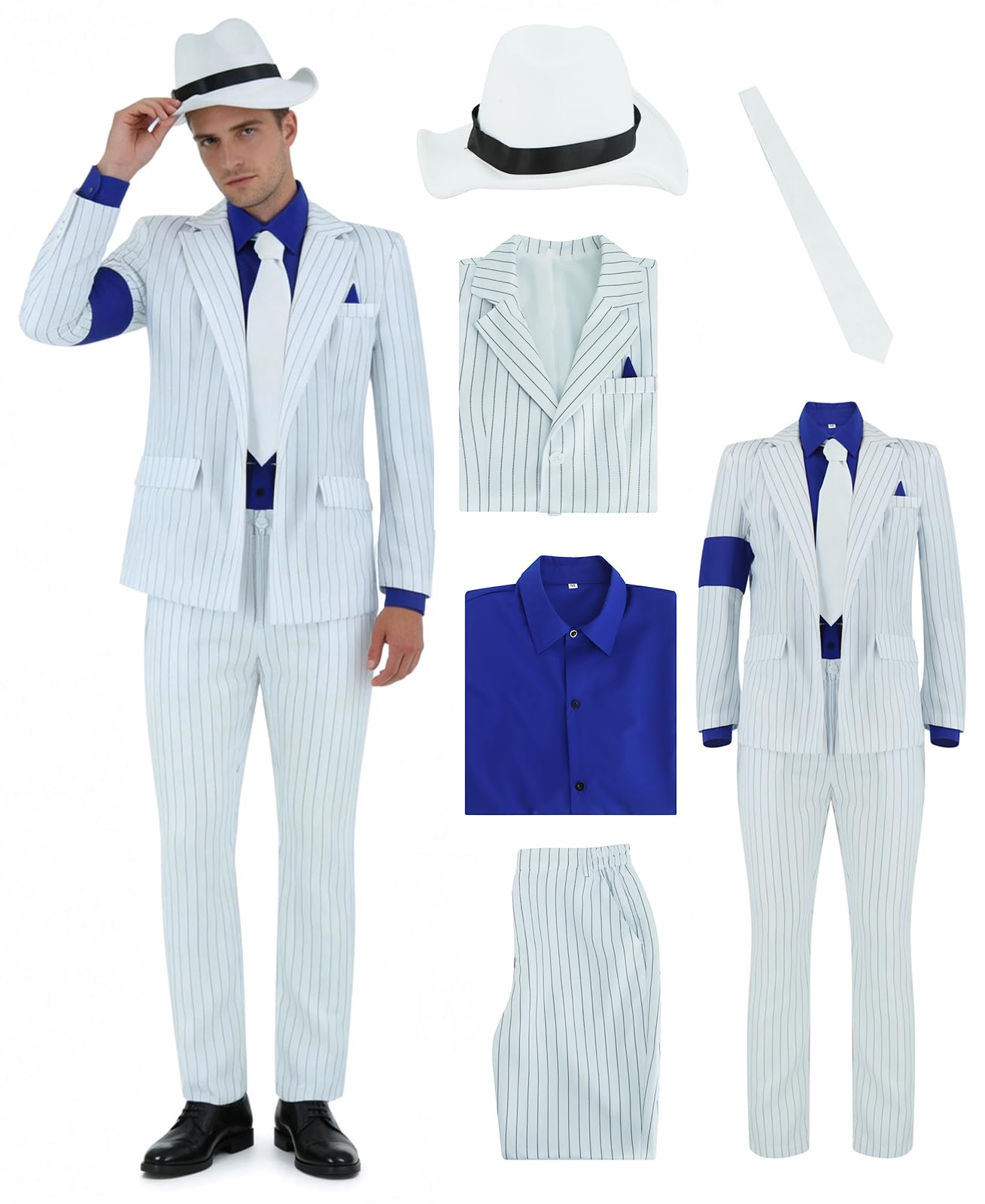 Poboola Men Dance Star Costume White Striped Blue Armband Suit 80s 90s Pop Star Stage Halloween Party Dress Up L
