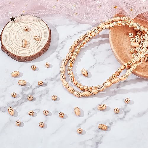 Miniatura 5 de OLYCRAFT 152 cuentas de madera a rayas de 2 estilos, cuentas redondas espaciadoras de madera ovaladas de madera con agujero de 0.06 pulgadas (0.063