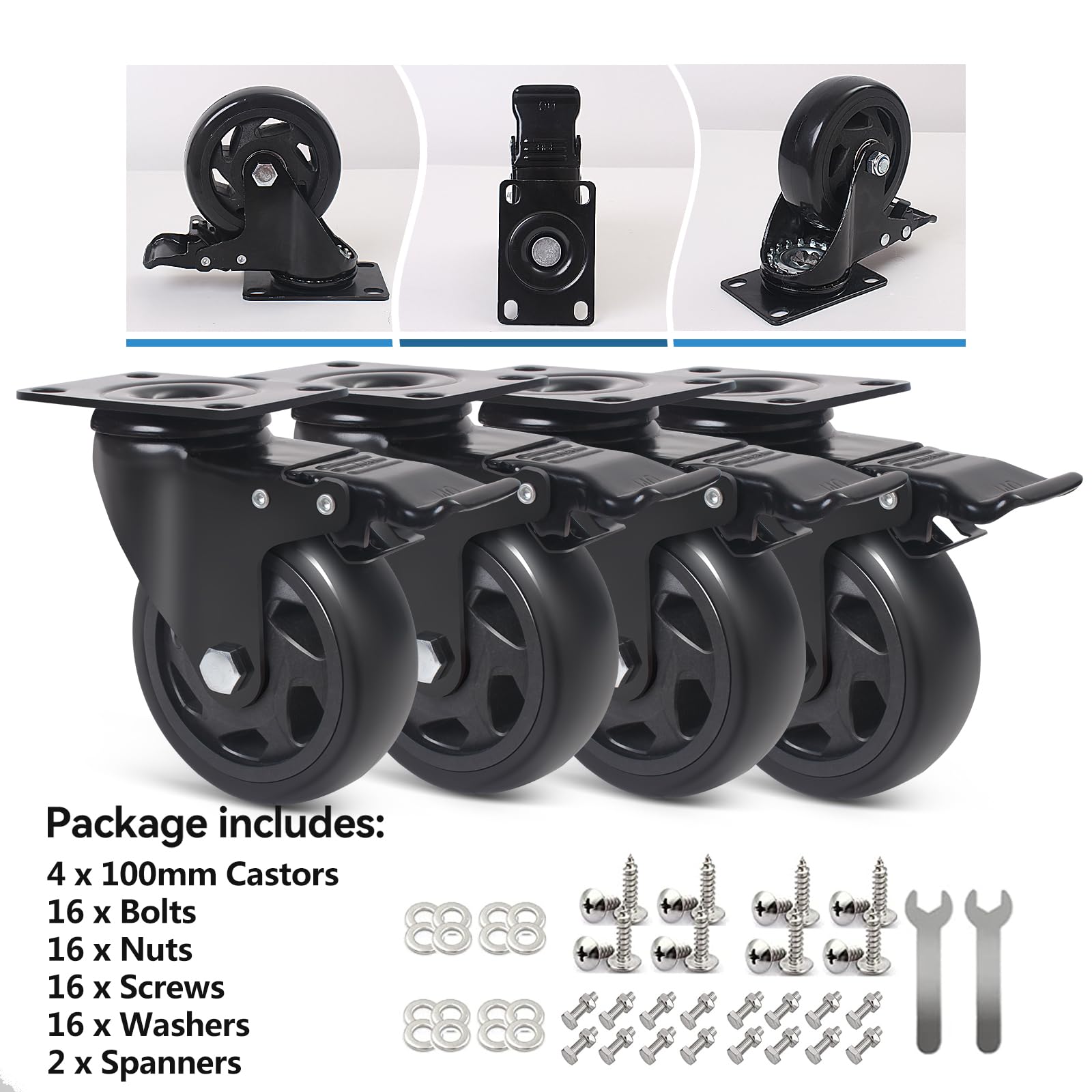 100MM Ruote per Mobili Pesanti, Set di 4 Ruote per Carrello con Freno Capacità 600kg, Cuscinetti Doppi Rotelle Girevoli Rotazione a 360°, Rotelle Pesanti per Tavolini, Tavolo
