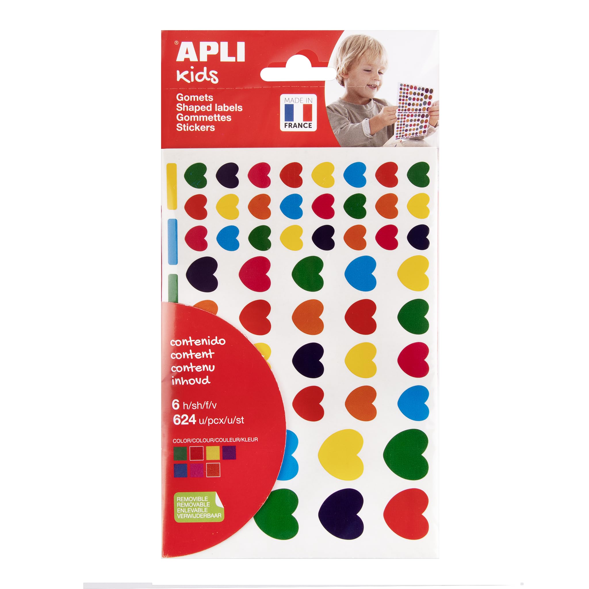 APLI Kids 19720 - Bolsa de gomets de corazones de tamaños y colores surtidos. 6 hojas de pegatinas corazones, stickers con adhesivo removible