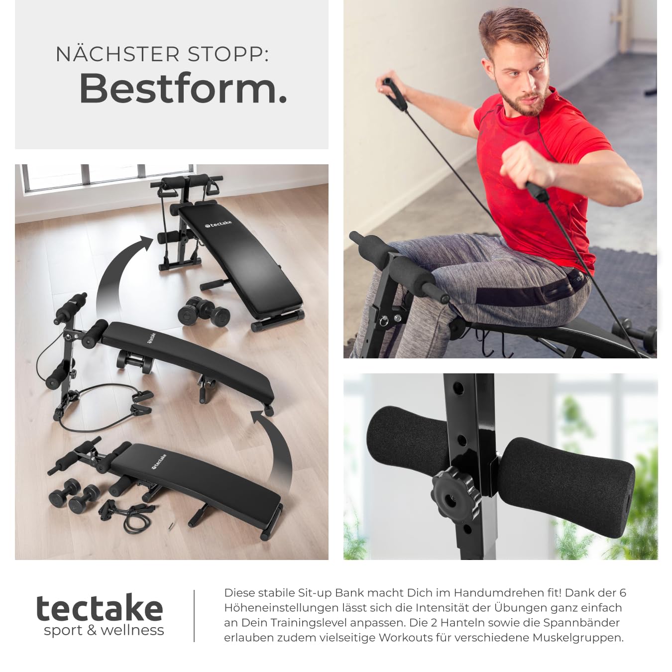 tectake® Bauchtrainer, multifunktionale Sit-Up Bank, Fitnessgeräte für zuhause, höhenverstellbar, Hantelbank klappbar, inkl. Hanteln und Trainingsseilen, Fitness Geräte für Home Gym Equipment