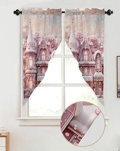 Miniatura 2 de Cenefas de Navidad rosas para ventanas, castillo de Navidad, cortinas de ventana de cocina, cortinas sobre el fregadero, cortinas de invierno con