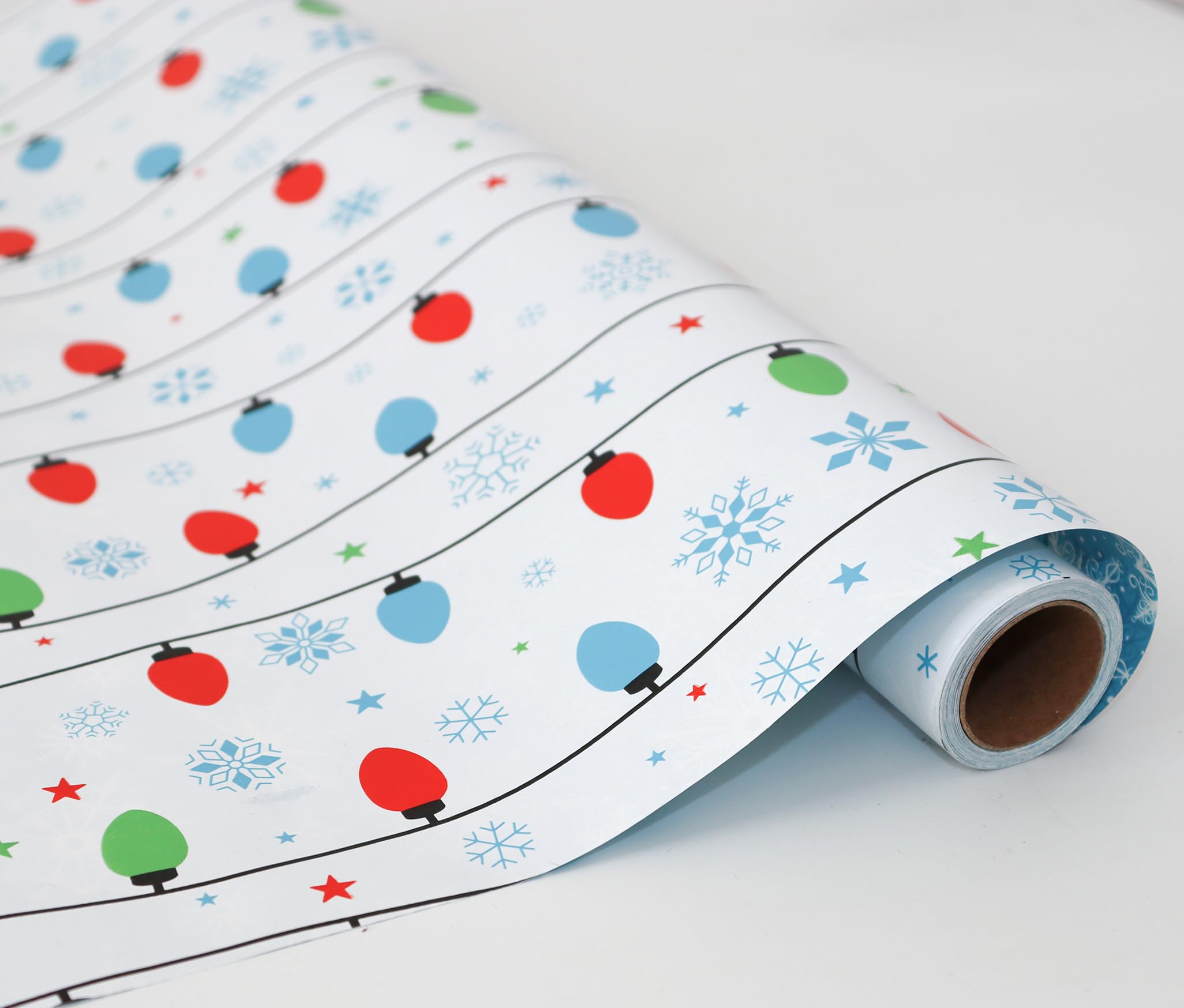 Linelglobal Mini rollo de papel de regalo de Navidad, rollo reversible de papel de regalo de dos lados, 17 x 295 pulgadas, iluminación y copos de nieve