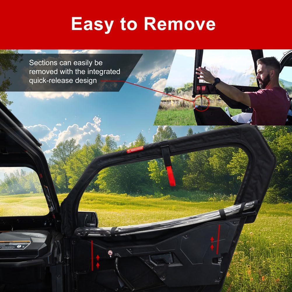 A person detaching a section of the Tusk Soft Upper Door from a UTV, demonstrating the quick-release feature.