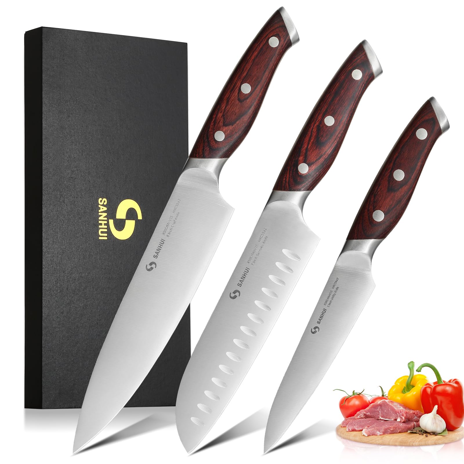 SANHUI Kitchen Knife Set of 3,Professional Kitchen Knives with High Carbon Stainless Steel, Ultra-Sharp Chef Knife Set Includes Chef, Santoku & Utility Knives with Ergonomic Pakkawood Handle