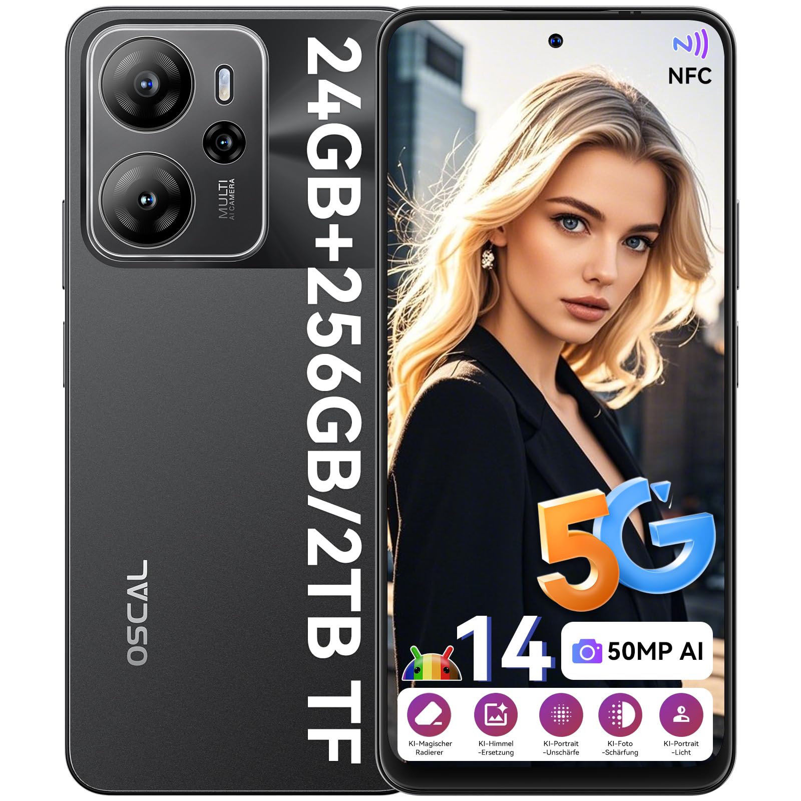 OSCAL 2025 Flat 2C Movil Android 14 6GB +64GB/2TB TF, 6.56" HD+ Smartphone, Batería 5000mAh, Cámara 13MP+8MP, 4G Dual SIM/OTG/GPS/3 Años de Garantía Telefonos Moviles Libres - Antracita