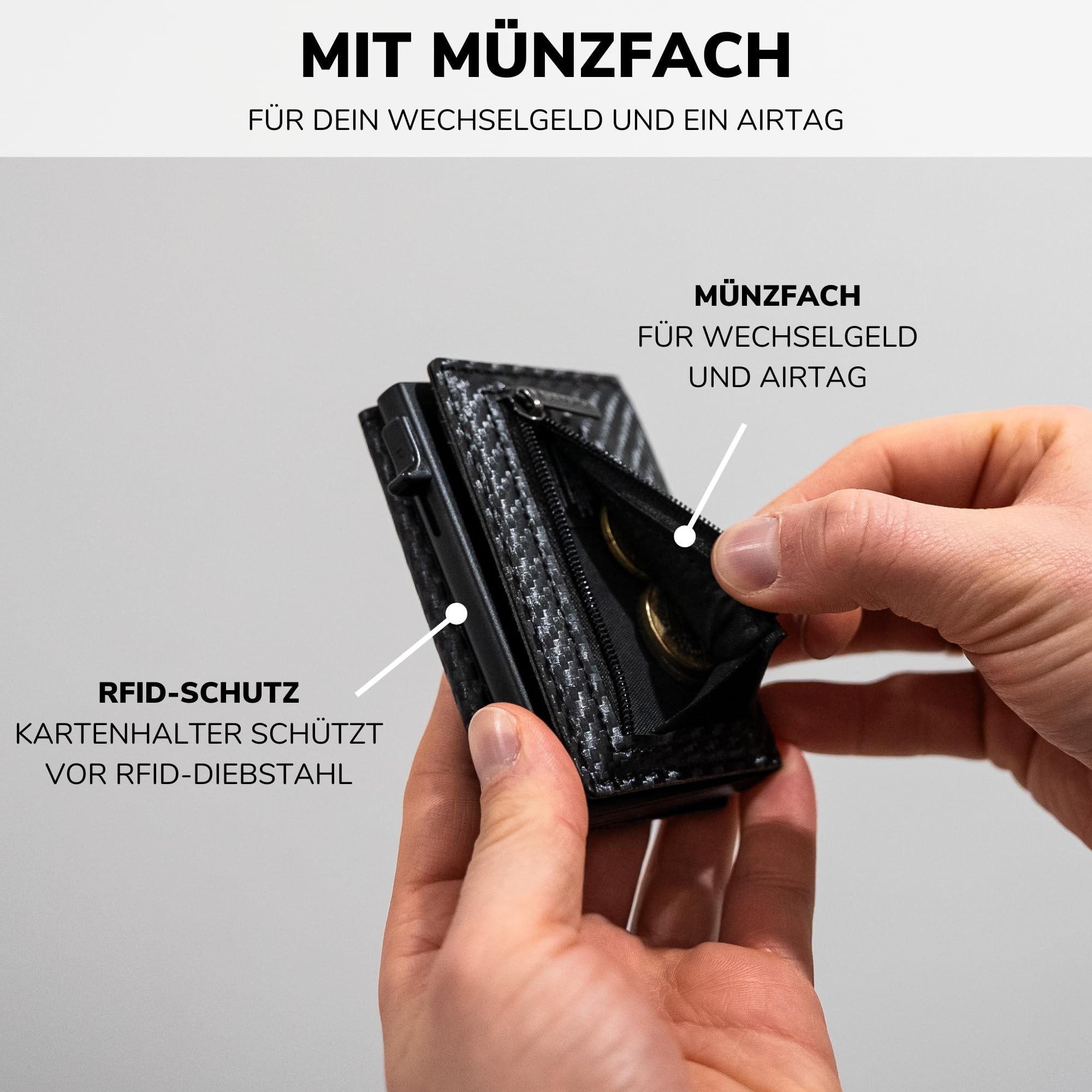 SLIMJACK 2-in-1 Wallet mit Münzfach - Magnetisches RFID Kartenetui & Geldbörse - Abnehmbares Slim-Wallet aus Aluminium - RFID-Schutz Portmonee - Smart Wallet für Karten & Münzen (Carbon)