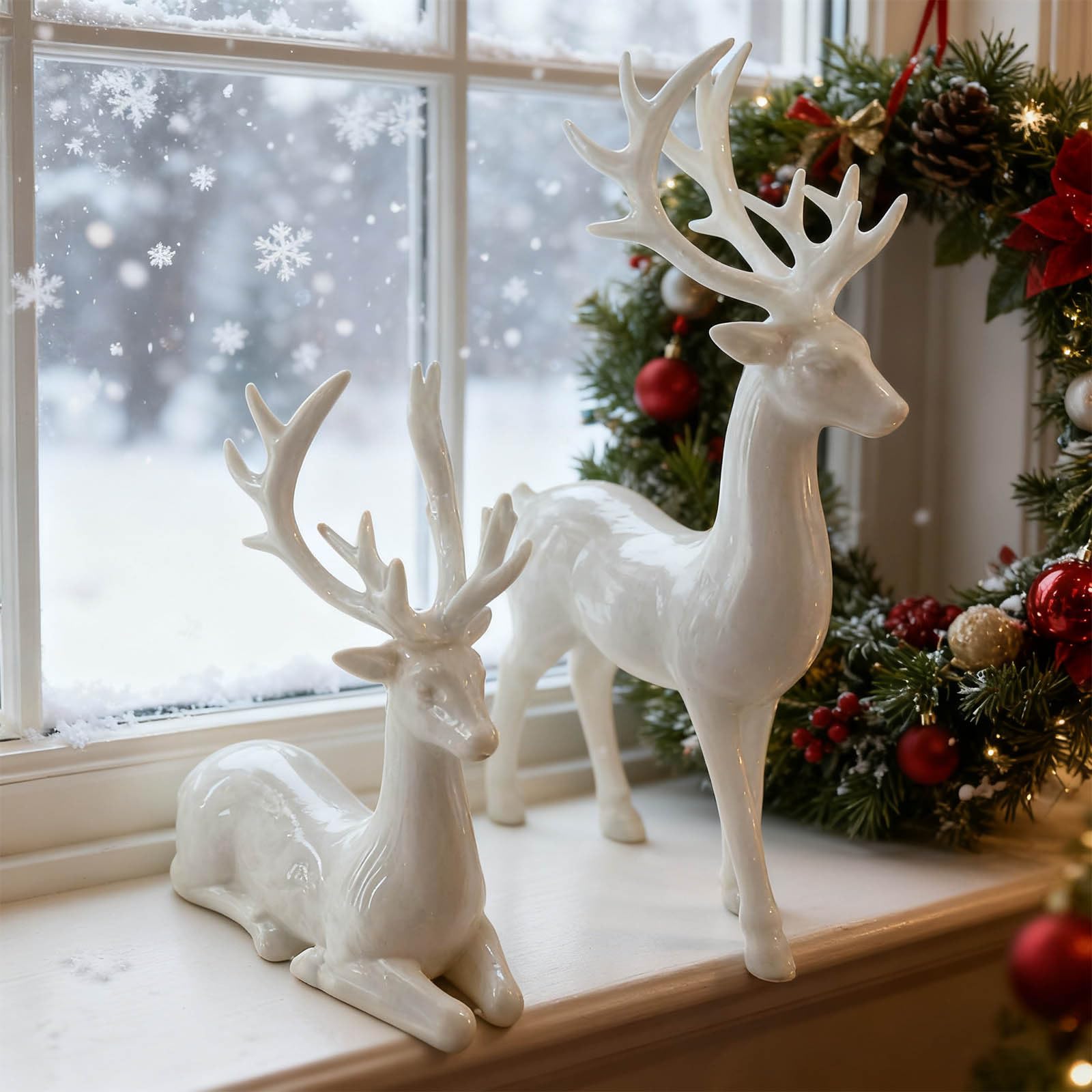 2Pcs Reindeer Christmas Decorations, A Pair of Reindeer Figurines- Shiny Electroplated Metal Surface, Non-Fading, Christmas Deer Ornaments for Living Room, Bedroom, Bookshelf, Desktop，White