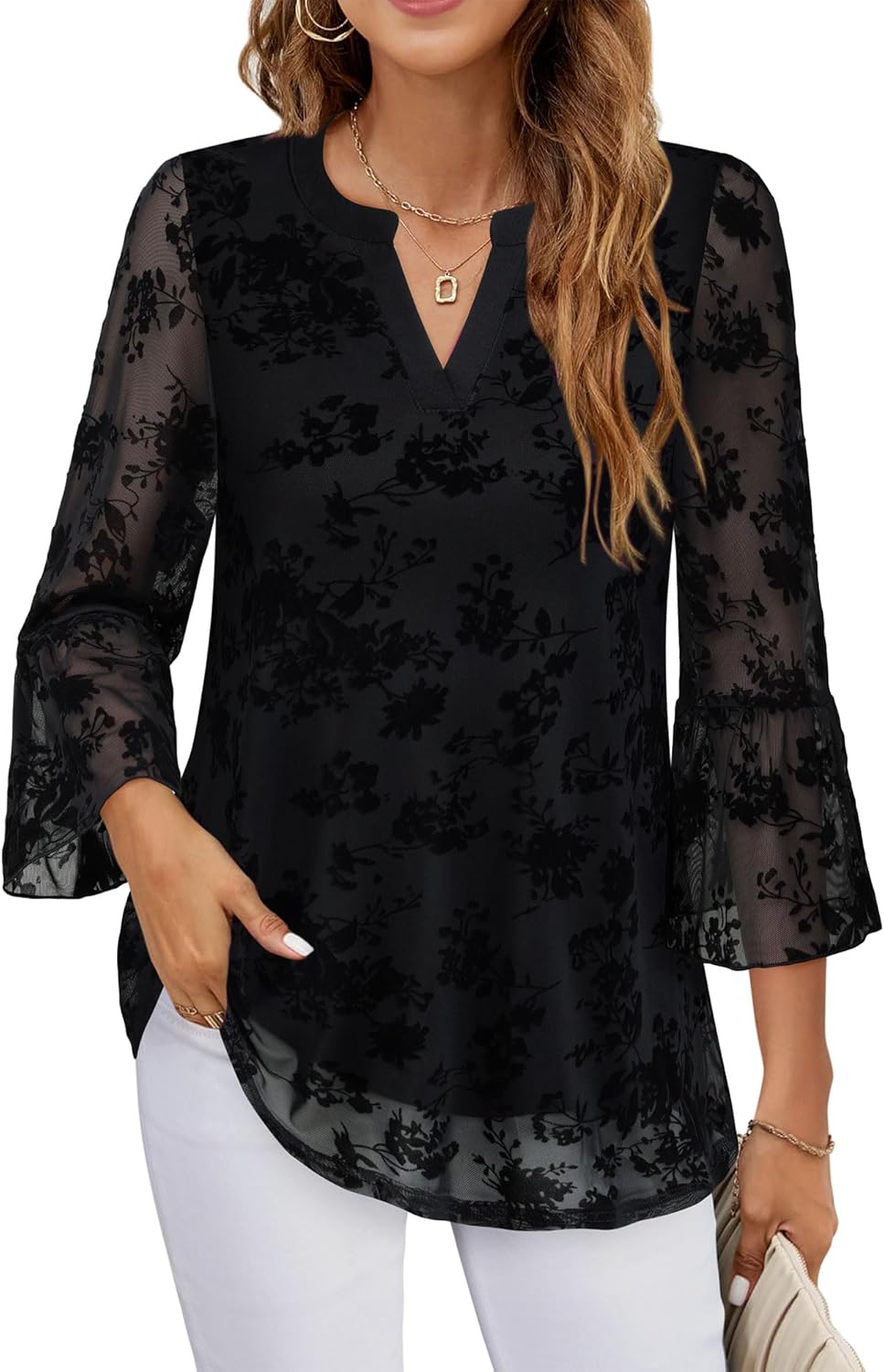 Timeson Women's 3/4 Sleeve Tops and Blouses V Neck Business Casual Shirts Dressy Tunics - Image 2