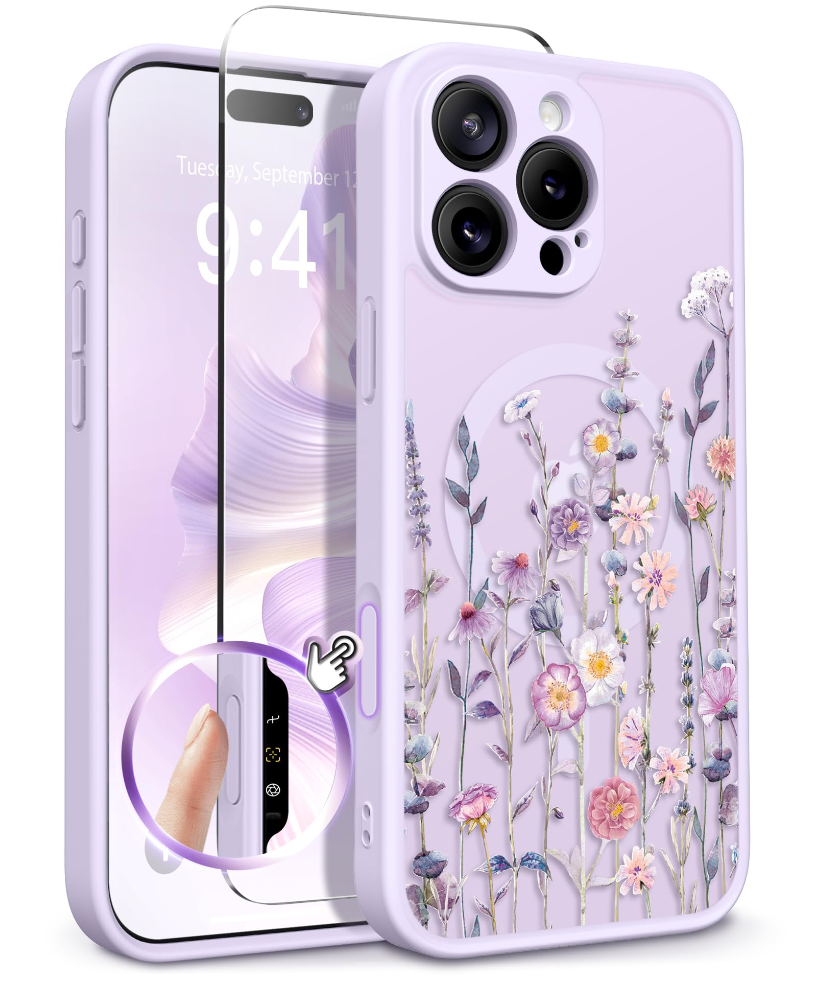 GVIEWIN for iPhone 16 Pro Case Compatible with MagSafe, [Military Grade Protection] [Screen Protector] Full Camera Protection Floral Translucent Women