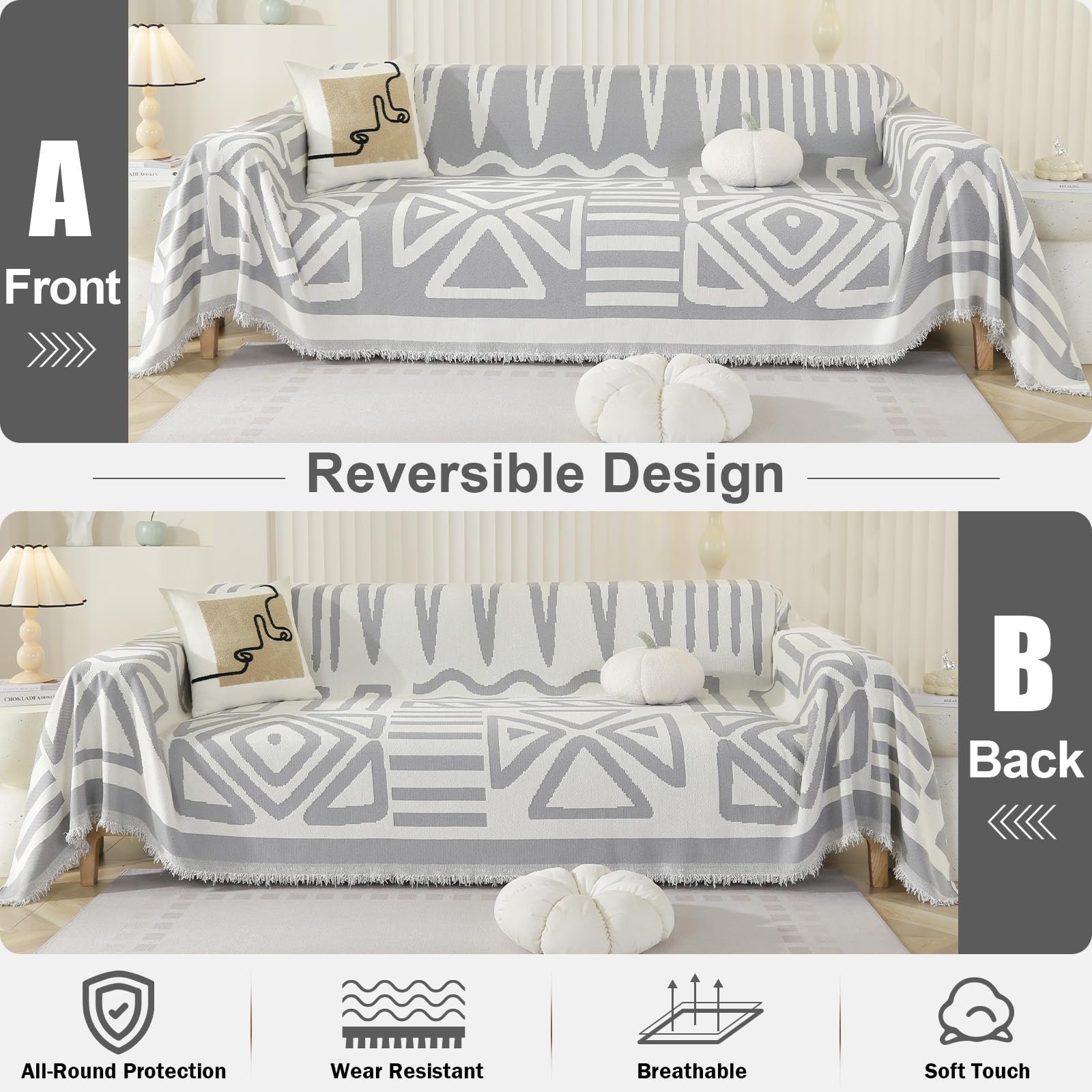 OstepDecor Boho Sofa Cover 3 Seater, Chenille Couch Cover for Corner Sofa Washable Sofa Slipcover - Image 2