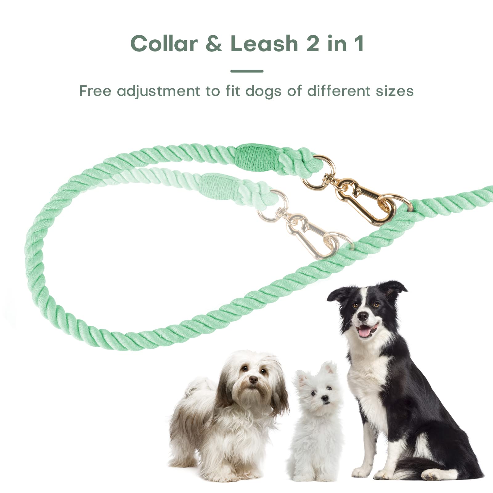Lucky Monet 5FT Cotton Dog Leash - Ombre Rope Leash with Comfortable PU Leather Handle and Durable Hook Clasp for Small, Medium & Large Dogs - Mint Green