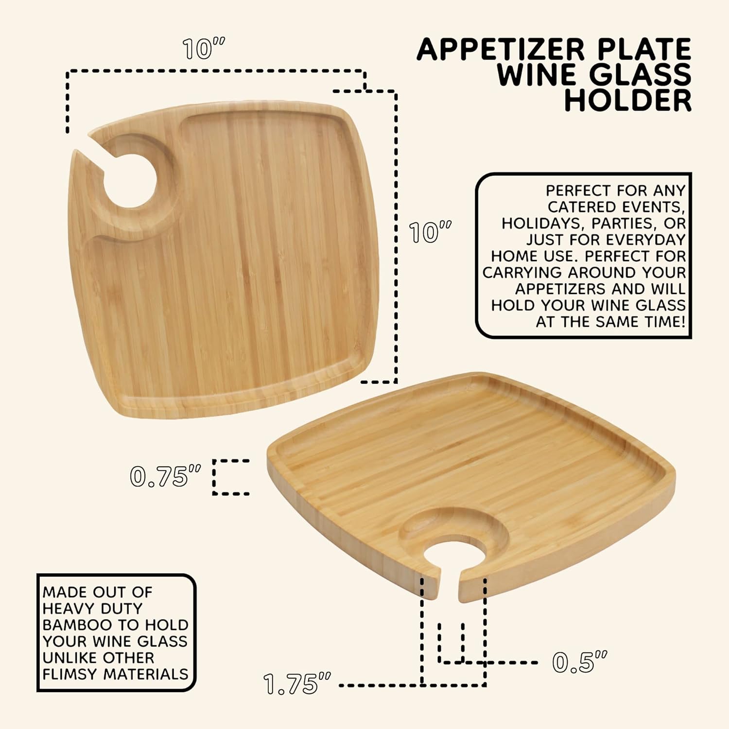 BambooMN 10" x 10" Bamboo Reusable Dinnerware Wine Glass Holder Square Dug Out Plates for Catered Events, Holidays, or Home Use Supplies, 4 Pcs